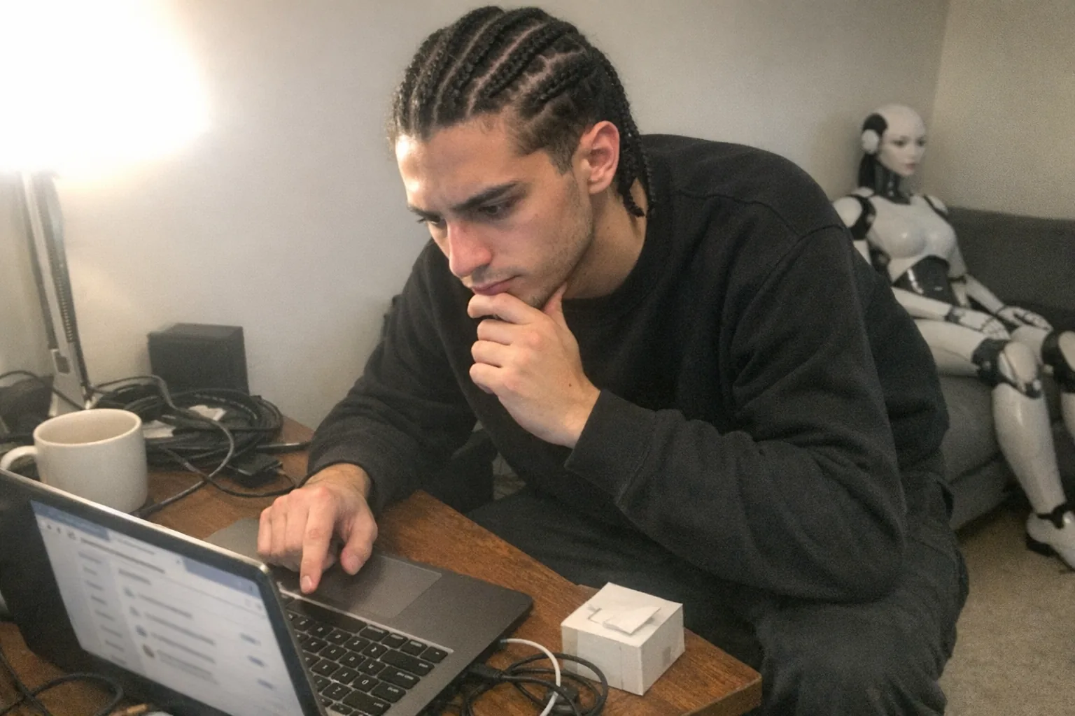 A realistic iPhone snapshot in a cramped home office: a tall, lanky young adult man (early 20s), White with olive skin tone, coily hair in neat braids/cornrows, wearing a minimalist monochrome outfit (black crewneck and dark pants). He looks determined and thoughtful (set jaw, one hand on chin) while leaning toward a laptop, mid-click on a browser extensions/settings page (no readable text). Awkward framing with the laptop slightly cut off, slight motion blur from handheld shot, mildly overexposed desk lamp causing uneven lighting, natural phone noise/grain, aggressively mediocre composition. On the desk are scattered cables, a coffee mug, and a small generic gadget box; in the background, a female humanoid robot companion sits quietly on a couch, out of focus and partially cropped, adding an intriguing modern-tech vibe. No logos, no brand names, no watermarks, no on-image text.