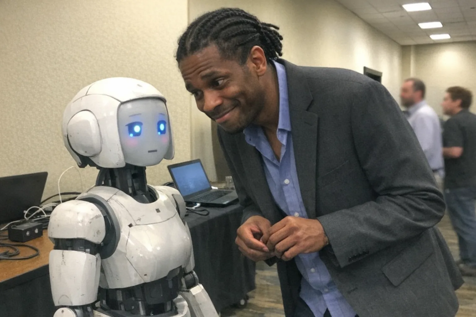 A candid iPhone snapshot in a conference hallway with uneven fluorescent lighting, mildly overexposed highlights and visible phone noise/grain; awkward framing and slight motion blur. Primary subject: a late-30s Black man (medium brown skin), tall and lanky, coily hair in neat braids/cornrows, wearing a blazer with an open-collar shirt; he looks nervous and curious with fidgety hands and a tight, hesitant smile while leaning in. He is interacting with a female-presenting humanoid social robot on a small rolling stand; the robot has slightly scuffed plastic panels and subtle “emotion” cues on a simple face display (soft LED eyes), nothing polished. Background includes a cluttered demo table with cables, a laptop, and a small sensor module, plus a few other attendees blurred in the distance (not matching the primary subject’s exact appearance). Realistic, imperfect, aggressively mediocre composition; no text, no logos, no brand names.