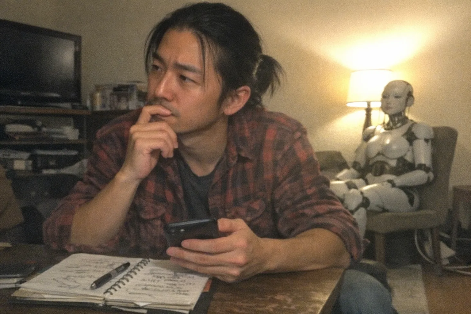 A realistic iPhone snapshot in a small, slightly cluttered apartment living room at night, aggressively mediocre composition and awkward framing. Primary human: an East Asian man in his early 30s with light skin, lean runner build, hair in a low ponytail with a few loose strands, wearing a slightly worn flannel shirt. He has an awkward uncertain posture with a hesitant smile, one hand on his chin in a thoughtful distant gaze, but with a subtle determined set jaw. He’s sitting at a coffee table with a messy notebook and a phone in his hand, looking like he’s reviewing relationship “red flags” (no readable text). In the background, a female humanoid robot companion sits on a chair near a lamp, unplugged or idle, adding an intriguing modern-tech vibe. Slight motion blur, mildly overexposed lamp light with uneven shadows, natural phone noise/grain, candid unpolished look. No logos, no captions, no watermarks, no brand names, non-explicit.