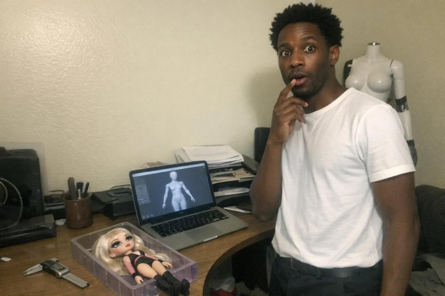 A realistic, aggressively mediocre iPhone snapshot in a cluttered home office: an early-30s Black man with dark brown skin, slim build, short coily afro, wearing a minimalist monochrome outfit (clean lines), standing by a desk with awkward framing and slight motion blur. He looks thoughtful and surprised at the same time (hand on chin, wide eyes, slightly open mouth), upright posture with relaxed shoulders. On the desk: an unboxed stylized fashion doll with exaggerated proportions (oversized head, dramatic makeup) lying next to a small measuring caliper and a laptop showing a generic 3D mannequin outline (no readable text). In the background, partially out of frame, a non-explicit female-shaped humanoid robot mannequin torso on a stand, adding intrigue. Uneven indoor lighting, mildly overexposed highlights, natural phone noise/grain, casual candid feel, no logos, no brand names, no captions.