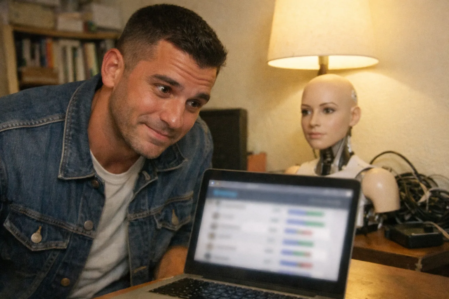 A candid iPhone snapshot in a cluttered home office: a white man in his mid 30s with olive skin, athletic build and broad shoulders, close-cropped dark fade haircut, wearing workwear (denim jacket over a plain tee). He’s leaning in with focused, curious eyes and an awkward, uncertain posture with a hesitant smile while looking at a laptop that shows a blurred AI leaderboard-like page (no readable text). On a side table sits an unbranded, female humanoid robot head/torso prop and a few messy cables, suggesting AI companion tech without being explicit. The photo should feel aggressively mediocre: awkward framing, slight motion blur, mildly overexposed desk lamp lighting, natural noise/grain, everyday realism, no logos, no watermarks, no captions.