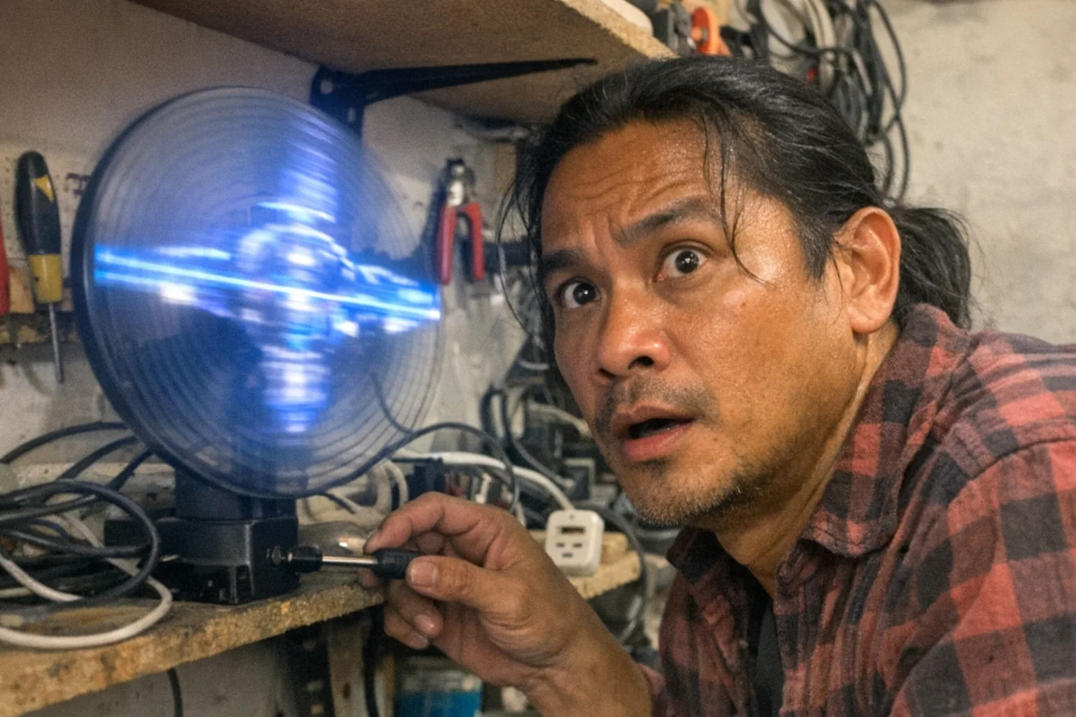 A candid iPhone snapshot in a cluttered home workshop: a hologram fan (3D LED spinning display) mounted on a workbench shelf, caught mid-spin with slight motion blur and uneven, mildly overexposed lighting. Primary human: a male in his early 40s, Southeast Asian with warm medium skin tone, athletic build and broad shoulders, hair in a low ponytail with a few loose strands, wearing a slightly worn flannel shirt. His expression looks surprised (wide eyes, slightly open mouth) but also determined (set jaw, intent gaze) as he leans in holding a small screwdriver near the mounting bracket. Background includes ordinary tools, tangled cables, and a cheap power strip; aggressively mediocre composition with awkward framing, natural phone noise/grain, no text, no logos, no brand names, realistic imperfect everyday scene.