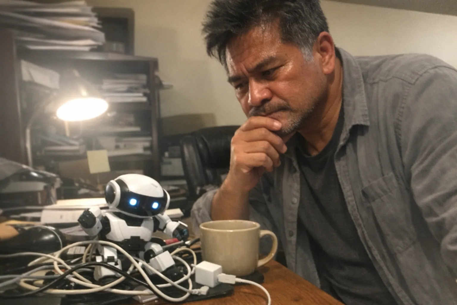 A candid iPhone snapshot in a cluttered home office: a male in his early 50s (Pacific Islander, warm brown skin tone, muscular build), short slightly messy wavy hair, wearing a simple tee with a lightweight overshirt, leaning in with focused eyes and a thoughtful hand-on-chin pose while looking at a small desktop robot on a messy desk. The robot is mid-movement near a tangle of charging cables and a coffee mug, suggesting it might be stuck. Awkward framing, aggressively mediocre composition, slight motion blur, mildly overexposed uneven lamp lighting, natural phone noise/grain. No text, no logos, no brand names, modern realistic setting.