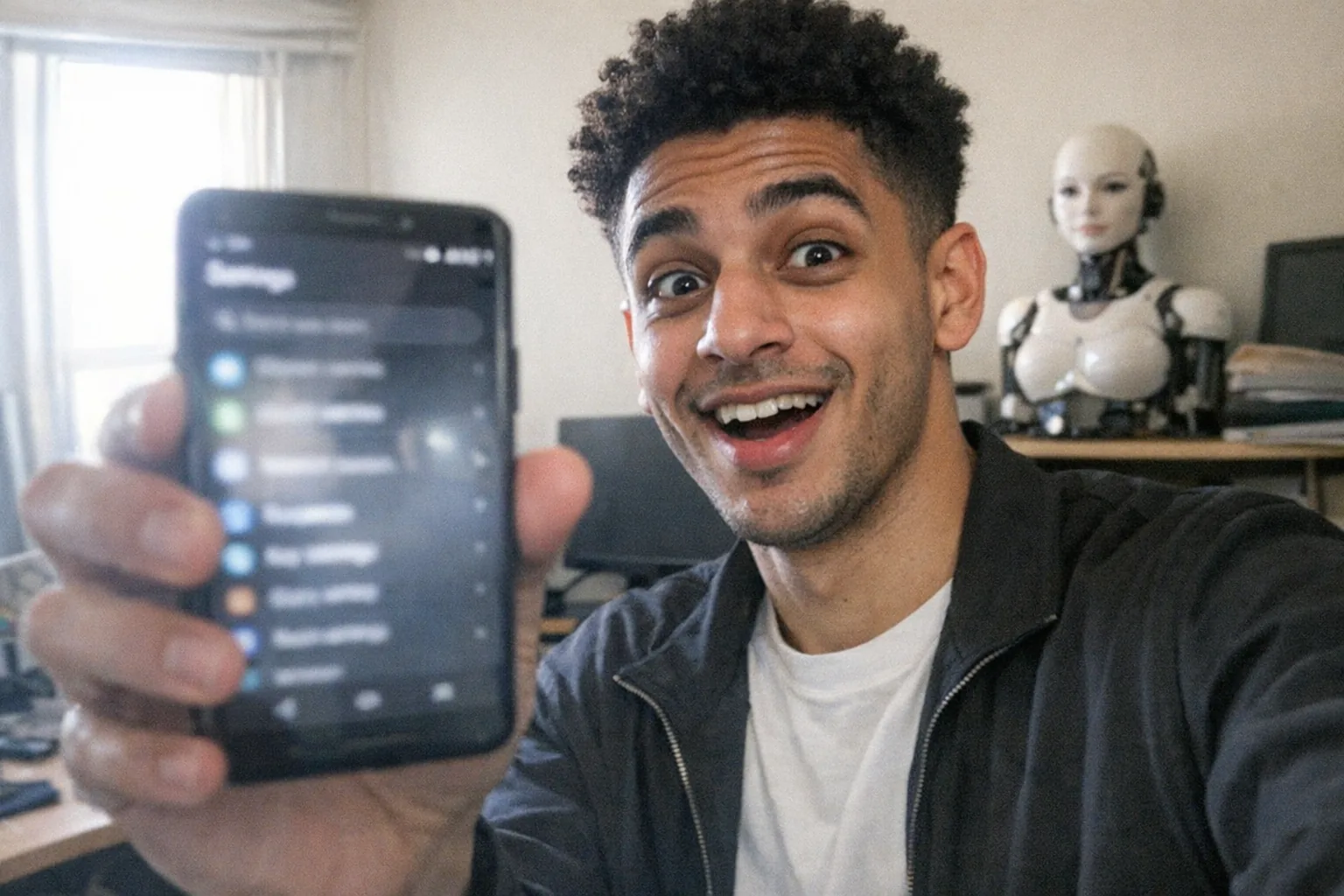 A realistic iPhone snapshot in a small, slightly cluttered apartment home office. Early-20s Middle Eastern man (olive skin), lean runner build, short coily hair in a short afro, wearing a minimalist monochrome outfit with clean lines. He’s holding an Android phone close to the camera with the settings/apps list open but the screen text is not readable due to slight motion blur and glare. His expression shows amused surprise (small grin, eyes crinkling, wide eyes, slightly open mouth) as if he just noticed an unfamiliar system app. In the background on a desk shelf sits a small female humanoid robot head/torso (non-explicit, consumer-tech vibe), slightly out of focus. Awkward framing, mildly overexposed window light, uneven lighting, natural grain/noise, aggressively mediocre composition. No logos, no brand names, no on-screen readable text, no watermarks.