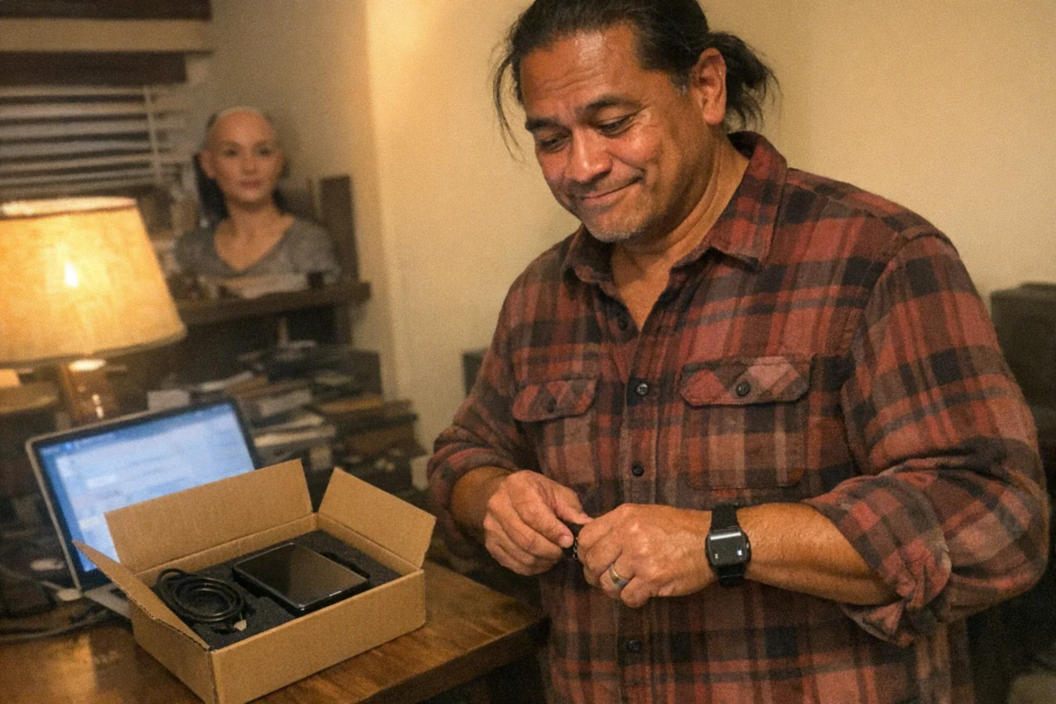 A candid iPhone snapshot in a cluttered home office at night, aggressively mediocre composition with awkward framing and slight motion blur, mildly overexposed warm lamp lighting and visible phone noise/grain. Primary subject: a late-40s Pacific Islander man with warm brown skin tone and a muscular (not bodybuilder) build, hair in a low ponytail with a few loose strands, wearing a slightly worn flannel shirt. He stands upright with relaxed shoulders (confident) but shows nervous fidgety hands (tugging at a watch strap) and impatience (one foot tapping), tight half-smile while glancing between his phone and a small piece of modern tech on the desk. On the desk: a generic sleek interactive device partly inside an open plain cardboard shipping box with foam inserts and a coiled cable; nearby a laptop is open but the screen is out of focus with no readable text. In the background, slightly out of focus, a female-presenting humanoid robot head or bust sits on a shelf like a quirky gadget, non-explicit and fully clothed/covered. Realistic, unremarkable, imperfect everyday scene, no logos, no brand names, no captions, no watermarks.