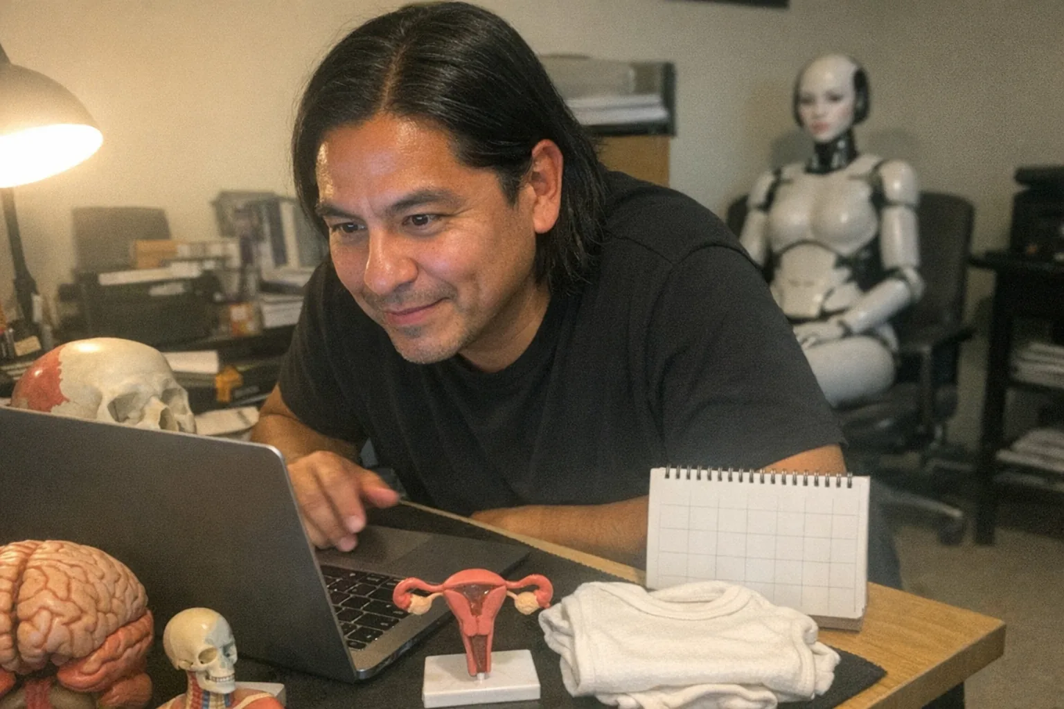 A realistic iPhone snapshot in a cluttered home office: a stocky Latino man in his early 40s with tan skin, shoulder-length straight hair tucked behind his ears, wearing a minimalist monochrome outfit (clean lines), leaning in with curious focused eyes and a small amused grin as he looks at a laptop on a messy desk; next to the laptop are a few non-branded medical anatomy models (including a small uterus model), a generic baby onesie folded, and a plain calendar with no readable text; in the background, slightly out of focus, a female-presenting humanoid robot sits on a chair like a household gadget being tested. Awkward framing, slightly motion-blurred hand, mildly overexposed uneven lighting from a desk lamp, natural phone noise/grain, aggressively mediocre composition, candid everyday feel, modern and plausible, no logos, no captions, no watermarks.