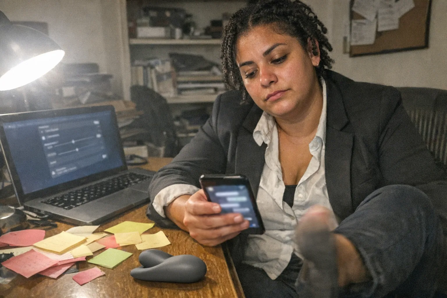 A candid iPhone snapshot in a cluttered home office at night: primary subject is a Latina person in their early 30s with a stocky build and tan skin, coily hair in twists, wearing a blazer over an open-collar shirt, looking tired with faint under-eye circles and slouched posture, impatiently tapping a foot while checking a phone. On the desk: an unbranded smartphone showing a blurred chat-style interface (no readable text), a laptop with a settings screen out of focus, a sticky-note mess, and a small generic, unbranded gadget that looks like a modern adult-tech device (non-explicit, just a sleek silicone-like object). Awkward framing, slightly motion-blurred hand, mildly overexposed desk lamp with uneven lighting, visible phone-camera noise/grain, aggressively mediocre composition, no logos, no brand names, no captions, realistic and imperfect.