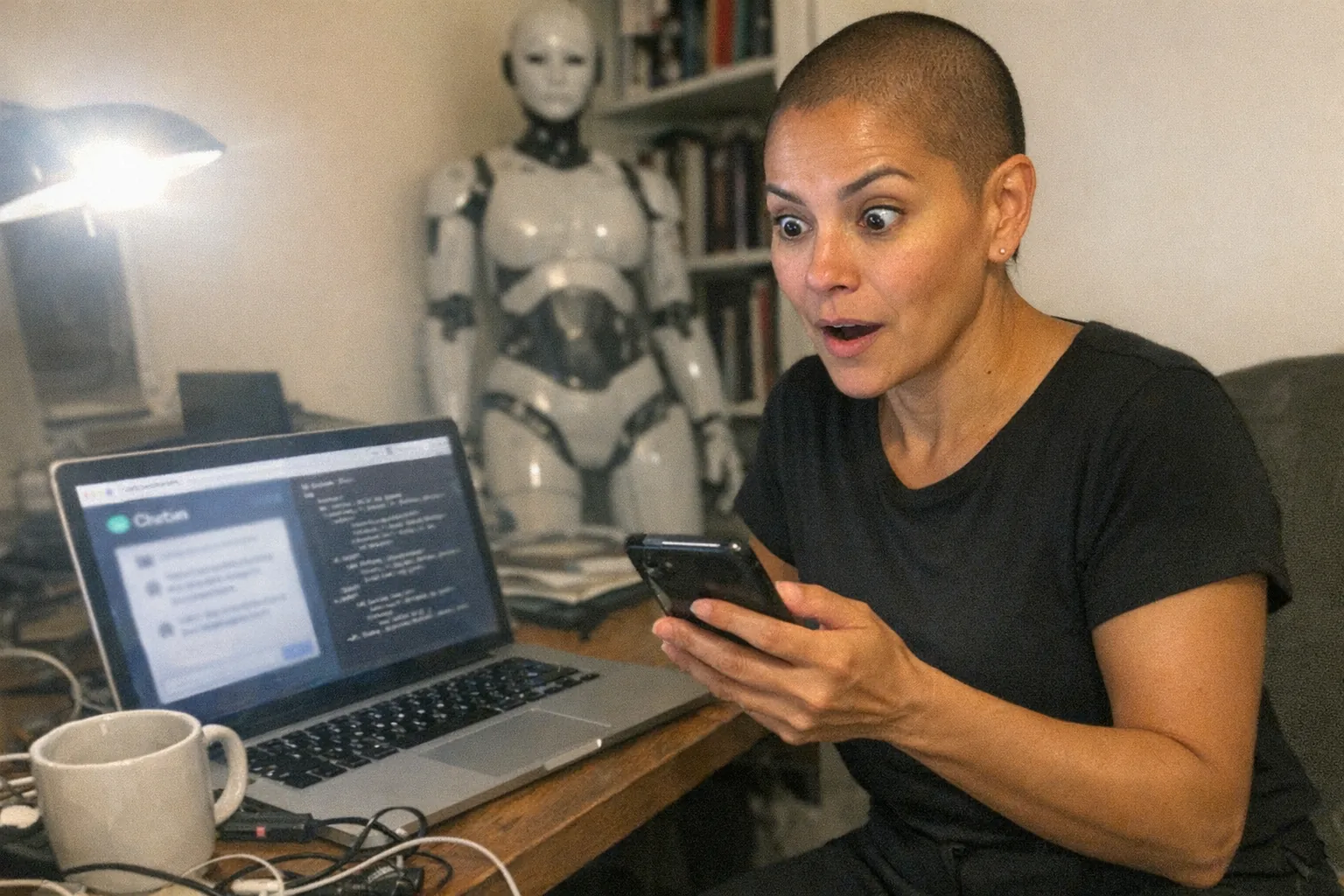 A realistic iPhone snapshot in a small home office: a Latina in her early 40s with tan skin, a shaved head, lean runner build, wearing a minimalist monochrome outfit with clean lines (plain black top and dark trousers). She looks surprised (wide eyes, slightly open mouth) but confident (upright posture, relaxed shoulders) while glancing between a laptop and a phone in her hand. On the laptop screen is a blurry, unreadable chatbot interface and some indistinct XML-like code (no legible text). In the background, slightly out of focus, there’s an unremarkable female-shaped humanoid robot mannequin standing near a bookshelf, powered off, not being touched. Awkward framing, aggressively mediocre composition, slight motion blur, mildly overexposed uneven desk lamp lighting, visible noise/grain, cluttered desk with generic cables and a coffee mug, candid everyday feel, modern but imperfect photo, no logos, no watermarks, no captions.