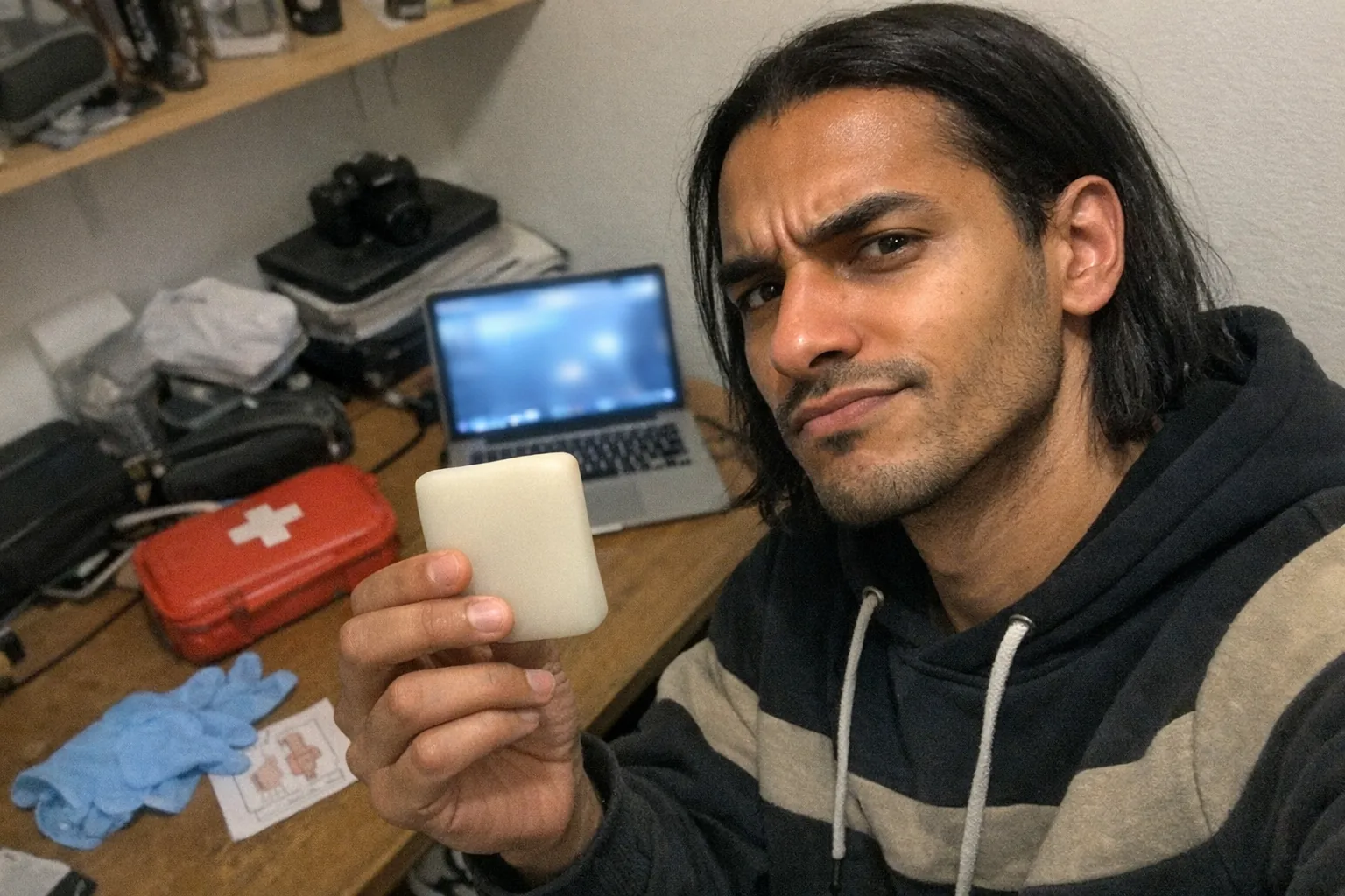 A realistic iPhone snapshot in a small apartment home office: a tall, lanky North African man in his late 20s with warm brown skin, shoulder-length straight hair tucked behind his ears, wearing a streetwear hoodie and sneakers, holds a plain, unbranded silicone-like sample in one hand while looking skeptically at it (raised eyebrow, half-smirk) with a determined set jaw and intent gaze. On the cluttered desk: a pair of disposable gloves, a small generic medical-style diagram printout face-down (no readable text), a closed first-aid kit, and a laptop with the screen out of focus. Awkward framing, slightly tilted horizon, mild motion blur from handheld shot, uneven overhead lighting slightly overexposed, natural phone noise/grain, aggressively mediocre composition. No logos, no brand names, no captions, non-explicit, modern real-world setting.