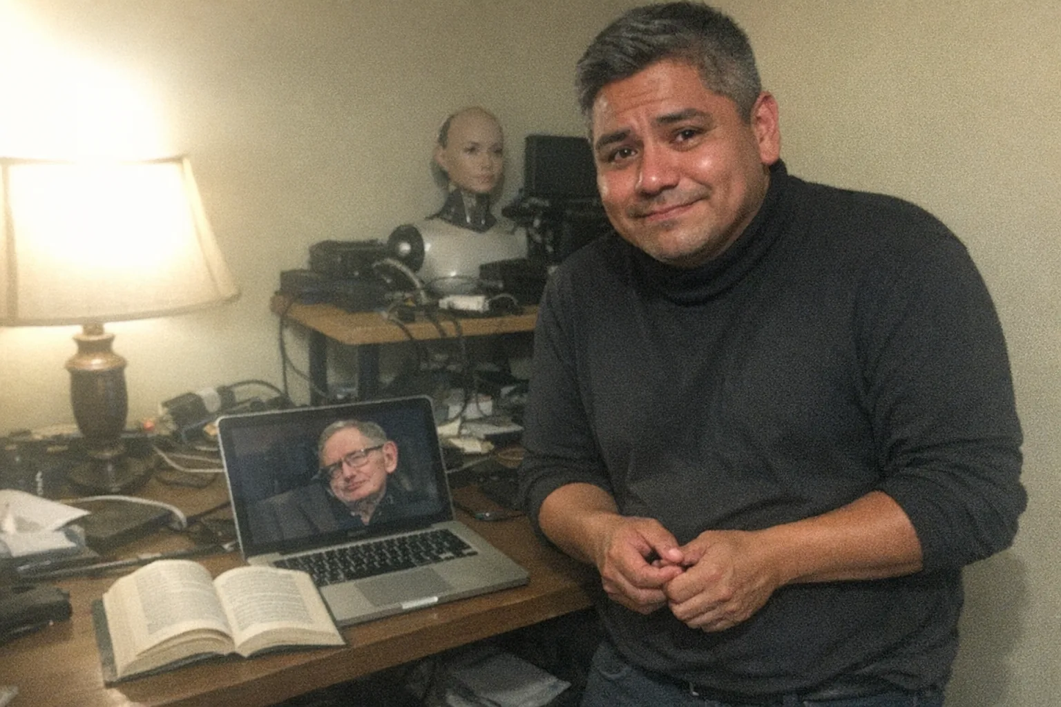 A realistic, aggressively mediocre iPhone snapshot in a slightly messy home office at night, awkward framing and slight motion blur, mildly overexposed lamp lighting with uneven shadows and visible phone noise/grain. Primary subject: a male in his mid-30s, Indigenous with a warm tan skin tone, stocky build, short tidy gray hair, wearing a minimalist monochrome outfit (plain black turtleneck and dark pants), looking nervous and tired with fidgety hands and a tight hesitant smile, slouched posture and faint under-eye circles. He’s standing beside a cluttered desk with an open paperback book that resembles Stephen Hawking’s “Brief Answers to the Big Questions” (no readable text), and a laptop showing a paused documentary frame featuring Stephen Hawking’s face (no captions). In the background, slightly out of focus, a female humanoid robot-like mannequin head and shoulders sits on a shelf near some wires and gadgets, adding an eerie tech vibe without being explicit. No logos, no watermarks, no readable text.