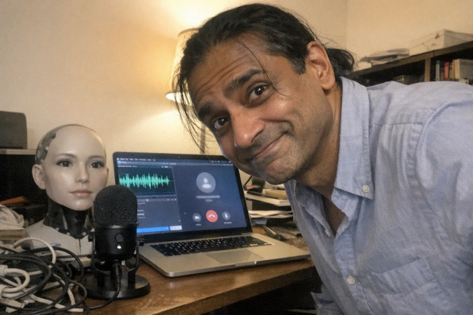 Realistic iPhone snapshot in a slightly messy home office at night: a mid-40s South Asian man with brown skin and a slim build leans in toward a laptop showing an audio waveform and a paused call screen (no readable text), looking curious and focused but with an awkward, hesitant smile and a small amused grin; he has hair in a low ponytail with a few loose strands, wearing a business-casual button-down shirt with rolled sleeves. On the desk sits a small, unbranded female-looking robot bust or faceplate next to a cheap USB microphone and tangled cables, hinting at AI voice tech. Awkward framing, mildly overexposed lamp lighting, slight motion blur, natural noise/grain, aggressively mediocre composition, candid phone photo vibe. No logos, no captions, no watermarks, no brand names.