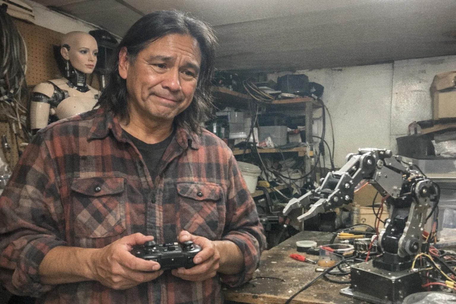Realistic iPhone snapshot in a cluttered garage workshop: a male in his early 50s with Indigenous warm tan skin, athletic broad shoulders, shoulder-length straight hair tucked behind his ears, wearing a slightly worn flannel shirt. He looks awkward and tired (hesitant smile, uncertain posture, faint under-eye circles) while holding a small robot controller and looking at a homemade robot arm on a messy workbench. In the background, a female-styled humanoid robot mannequin head and torso sit on a shelf among cables and tools (non-explicit, just a prop-like robotics build). Awkward framing, slightly tilted horizon, mild motion blur from hand shake, uneven overhead lighting that’s mildly overexposed, visible phone noise/grain, aggressively mediocre composition, no text, no logos, candid everyday feel.