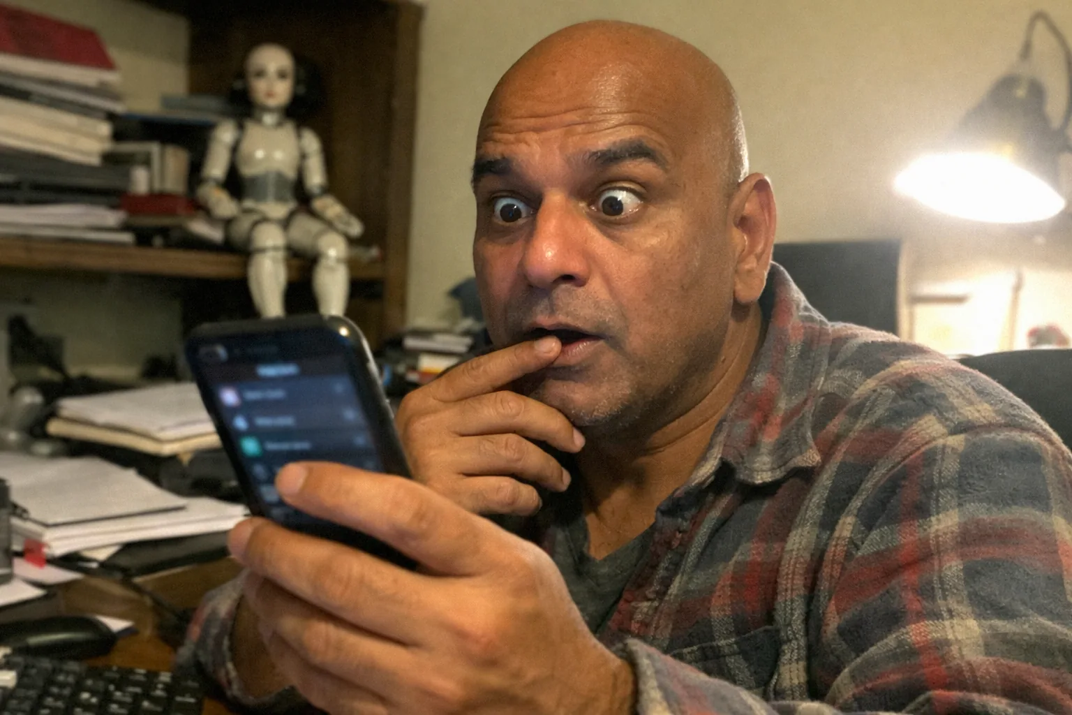 A candid iPhone snapshot in a cluttered home office: a late-50s South Asian man with brown skin, muscular build (not bodybuilder), clean shaved head, wearing a slightly worn flannel shirt, sitting at a desk and holding a smartphone close to his face with wide eyes and slightly open mouth (surprised) while his other hand rests on his chin (thoughtful). The phone screen is visible but out of focus, suggesting a settings menu without readable text. In the background, a small female humanoid robot assistant sits on a shelf, slightly dusty and unremarkable. Awkward framing, slight motion blur, mildly overexposed desk lamp lighting, natural noise/grain, aggressively mediocre composition, realistic and imperfect everyday photo. No logos, no captions, no watermarks, no brand names.