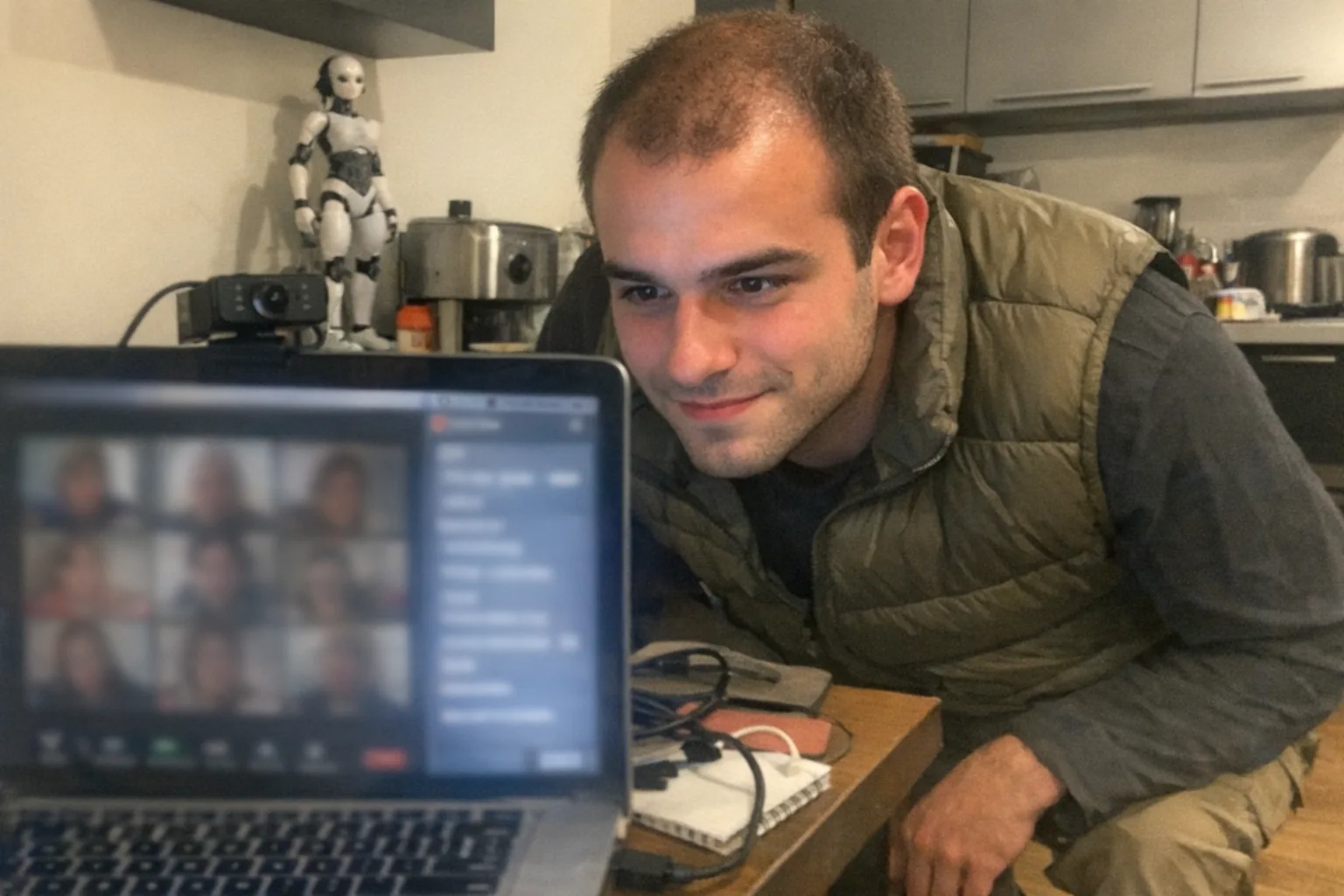 Realistic iPhone snapshot, aggressively mediocre composition: a young adult male (early 20s), White with olive skin tone, athletic build with broad shoulders, thinning hairline kept short, wearing an outdoorsy puffer vest and hiking shoes, leaning in close to a laptop on a cluttered kitchen table as if reading a private message during a video meeting; curious focused eyes, awkward uncertain posture with a hesitant smile, and a determined set jaw. The laptop screen shows a generic video-call grid and a chat sidebar but everything is slightly out of focus and unreadable (no text). Background: messy modern apartment kitchen/home office corner with cables, a cheap webcam, and a small female humanoid robot figurine on a shelf for subtle tech intrigue. Awkward framing, slight motion blur, mildly overexposed uneven indoor lighting, natural phone noise/grain, candid everyday moment, no logos, no watermarks.