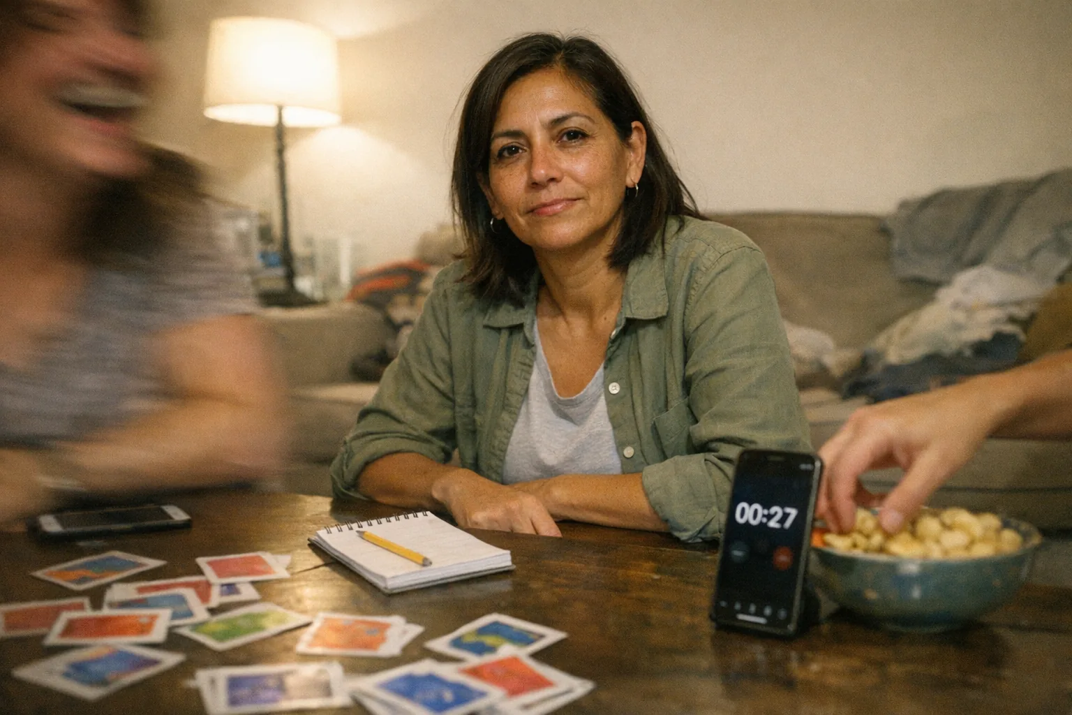 A candid iPhone snapshot in a slightly messy apartment living room during a casual game night: a tall, lanky Latina woman in her late 40s with tan skin and shoulder-length straight hair tucked behind her ears sits at a coffee table, wearing a simple tee with a lightweight overshirt (tech casual). She looks confident but tired (upright posture with relaxed shoulders, faint under-eye circles, slight slouch). On the table are scattered party game cards, a notepad, and a generic smartphone timer; in the background, a blurred friend’s hand reaches for snacks. Awkward framing with the table dominating the foreground, slight motion blur from someone laughing, mildly overexposed lamp lighting, natural phone noise/grain, aggressively mediocre composition. No text, no logos, no brand names, modern realistic photo.