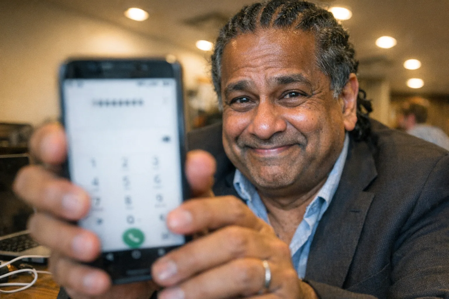 A candid iPhone snapshot in a slightly cluttered coffee shop: a late-50s South Asian man with brown skin and a dad-bod build, coily hair in braids/cornrows, wearing a blazer with an open-collar shirt. He’s holding an Android phone close to the camera with fidgety hands, showing the dialer screen as if he just typed a secret code; his expression is amused but nervous (small grin, eyes crinkling, tight smile). Awkward framing with the phone partially out of focus, slight motion blur, mildly overexposed overhead lighting, natural noise/grain, aggressively mediocre composition. Background includes a laptop, charging cables, and a second blurry figure far behind (not matching the primary person). No readable text, no logos, no brand names, no watermarks.