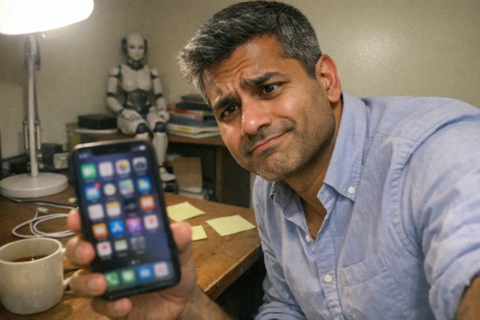 Realistic iPhone snapshot, candid phone photo in a slightly messy home office. Primary subject: a late-30s South Asian man with brown skin, muscular (not bodybuilder) build, short tidy gray hair, wearing a business-casual button-down shirt with sleeves rolled up. He’s leaning in toward a smartphone with a skeptical raised eyebrow and half-smirk, looking curious but a bit awkward (uncertain posture, hesitant smile). The phone screen shows a grid of generic app icons slightly out of focus (no readable text). On the desk: scattered sticky notes (blank), a coffee mug, a charging cable, and in the background a small female humanoid robot prototype sitting on a shelf (non-explicit, fully clothed, neutral design), slightly blurred. Awkward framing, slight motion blur, mildly overexposed desk lamp lighting with uneven shadows, natural noise/grain, aggressively mediocre composition, modern everyday realism, no logos, no brand names, no captions, no watermarks.