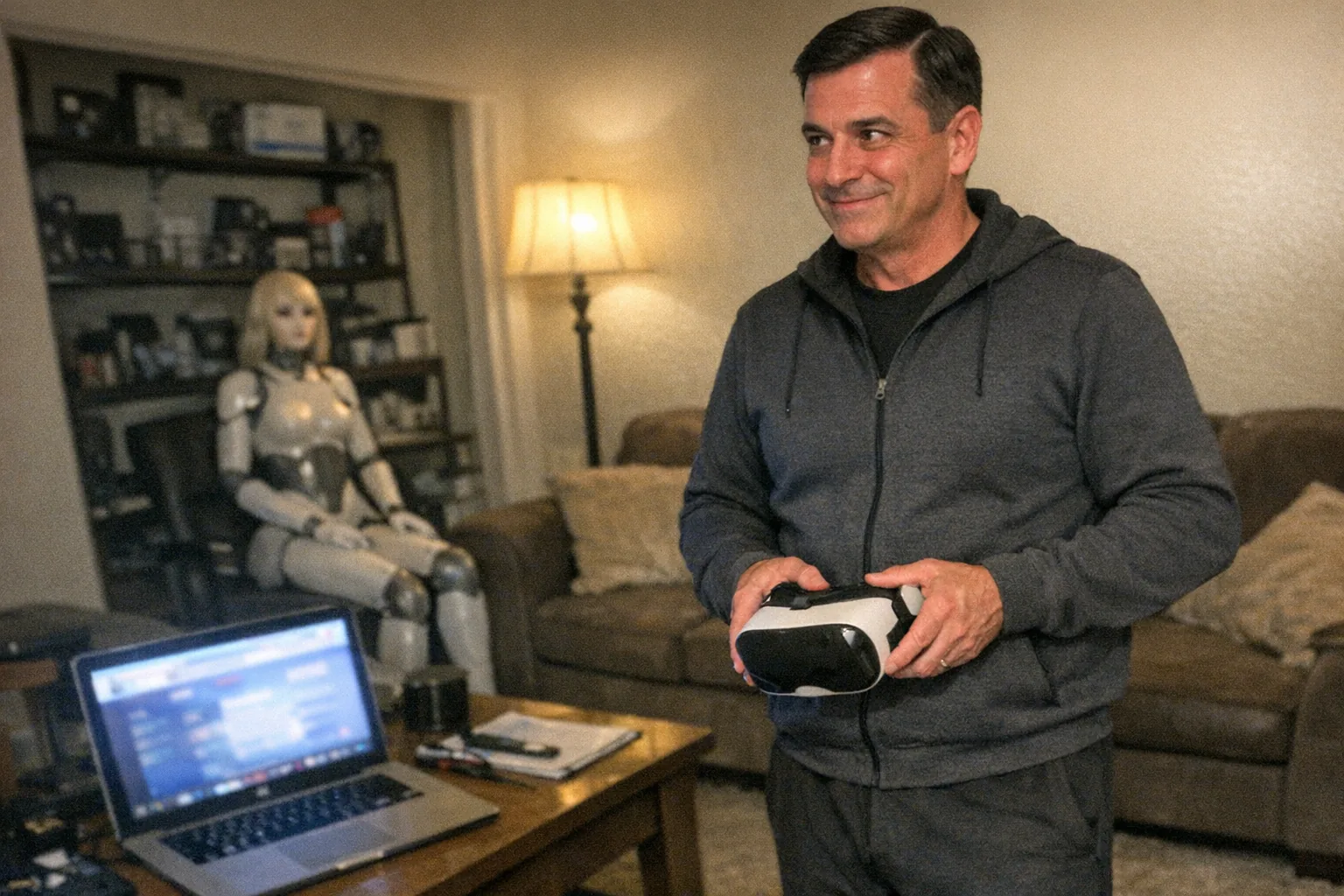 Realistic iPhone snapshot in a slightly cluttered living room/home office at night, aggressively mediocre composition with awkward framing and slight motion blur, mildly overexposed lamp lighting and visible phone-camera noise/grain. A mid-50s White man with an olive skin tone and a muscular (not bodybuilder) build stands in athleisure (zip-up jacket and joggers), straight neat side-parted hair, fidgety hands and a tight nervous smile but upright confident posture. He holds a VR headset in one hand while glancing toward a laptop on a coffee table showing a blurred generic interface (no readable text). In the background, a non-explicit female humanoid robot figure (clearly female form, fully clothed, mannequin-like) sits near a shelf of gadgets, creating an intriguing “is this safe?” vibe. No logos, no brand names, no captions, no watermarks.