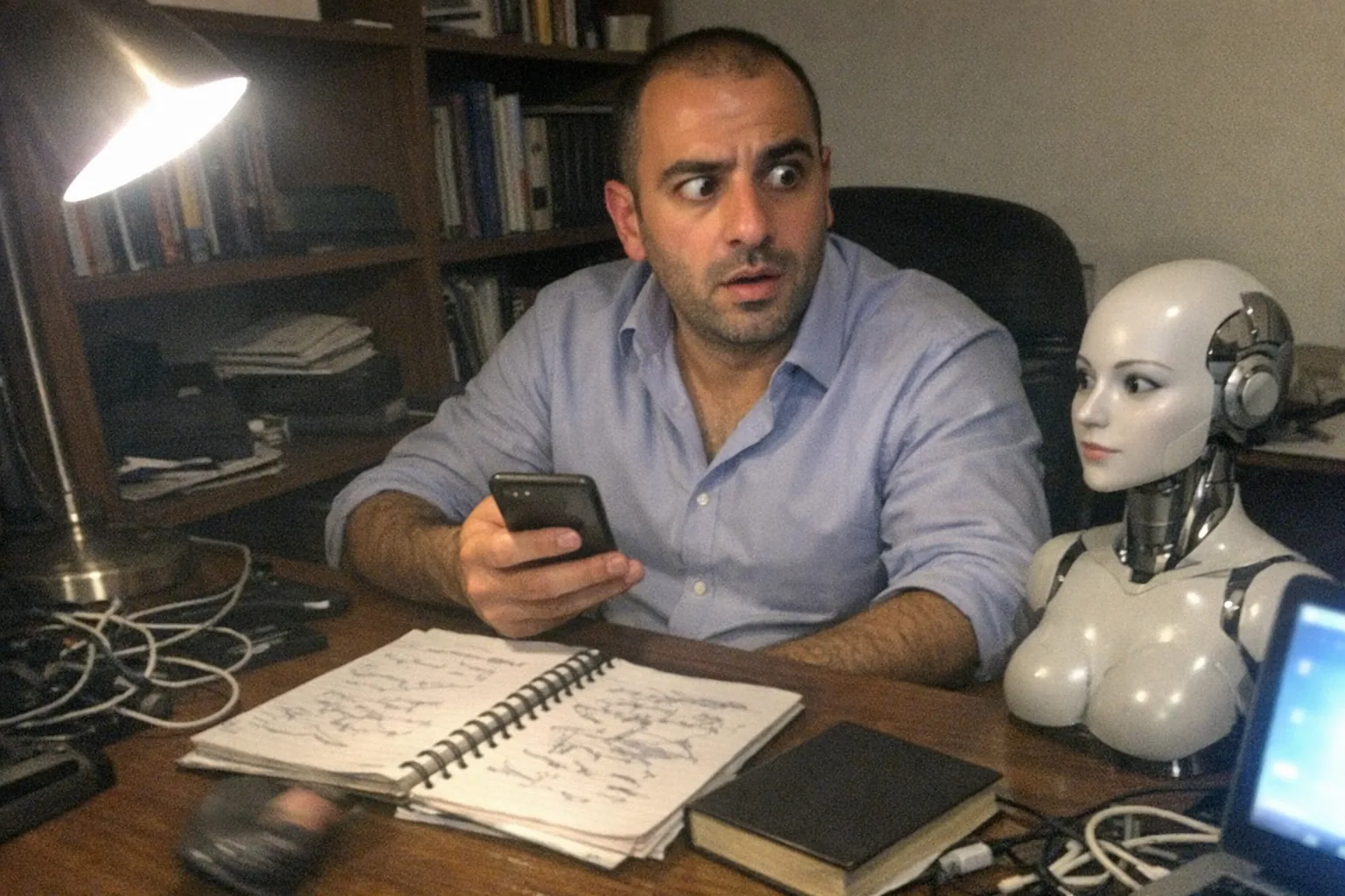 A candid iPhone snapshot in a cramped home office at night, aggressively mediocre composition and slightly awkward framing. Primary subject: a male in his mid-30s, Middle Eastern with olive skin, muscular build (not bodybuilder), thinning hairline kept short, wearing a business-casual button-down shirt with sleeves rolled up. He’s seated upright with relaxed shoulders but looks impatient and surprised—one foot visibly tapping, eyes wide and mouth slightly open while checking his phone and glancing at a small, generic female humanoid robot bust on the desk (non-explicit, just a head-and-shoulders mannequin-like robot). On the desk are messy notebooks with scribbles (no readable text), a psychology book turned face-down, a laptop with a blurred screen glow (no legible words), and tangled charging cables. Lighting is uneven and mildly overexposed from a desk lamp, with natural phone noise/grain and slight motion blur, making it feel real and unpolished. No logos, no brand names, no text, no watermarks.