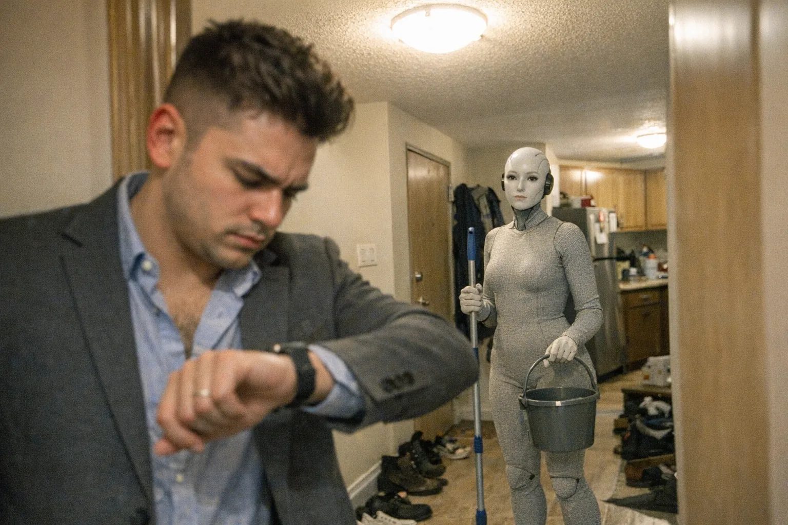A realistic iPhone snapshot in a slightly cluttered apartment hallway where a female-looking humanoid robot in a plain knit-like suit is awkwardly holding a mop and a small bucket, paused mid-clean as if it’s unsure what to do next. In the foreground is a man in his mid-20s (White with olive skin tone), stocky build, undercut with textured top hair, wearing a blazer over an open-collar shirt; he looks determined (set jaw, intent gaze) but impatient (foot tapping while checking his phone/watch). The framing is awkward with part of the doorframe cutting into the shot, slight motion blur from movement, mildly overexposed ceiling light with uneven lighting, visible natural noise/grain, aggressively mediocre composition. Modern, believable home setting, no text, no logos, no brand names, non-explicit.