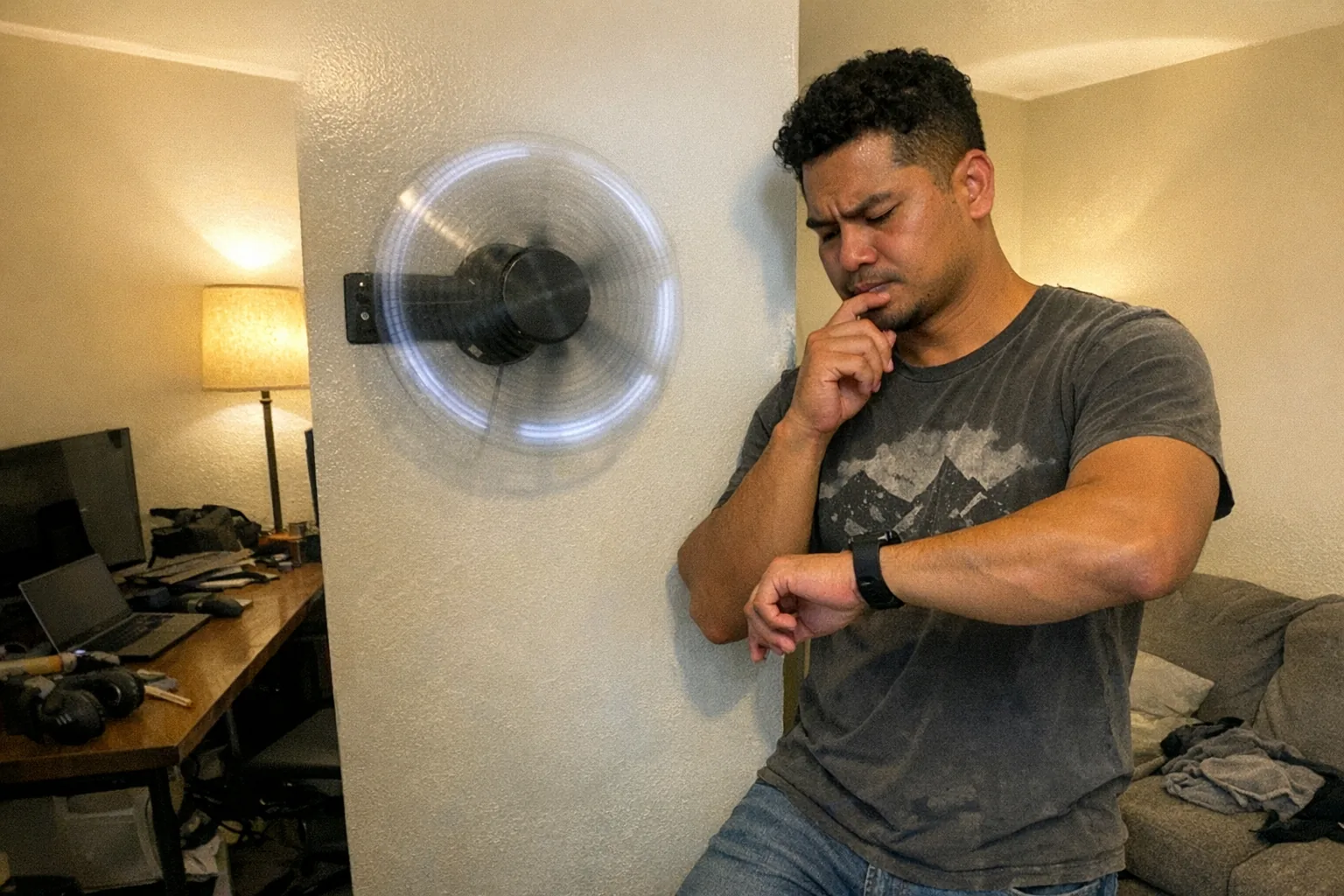 A realistic iPhone snapshot in a small apartment living room/home office corner: an early-30s Southeast Asian man with warm medium skin tone and an athletic broad-shouldered build, short tight curly hair, wearing a casual graphic tee and jeans, standing near a wall-mounted 3D hologram fan display that’s turned on. He looks thoughtful with one hand on his chin while also seeming impatient—foot tapping and glancing down at his phone/watch. The hologram fan’s spinning LED blades create a faint circular light pattern, but the device looks slightly dusty and the mounting bracket looks ordinary. Awkward framing, slightly motion blur from the spinning fan, mildly overexposed uneven lamp lighting, natural phone noise/grain, aggressively mediocre composition. No text, no logos, no brand names, non-explicit, modern everyday setting.