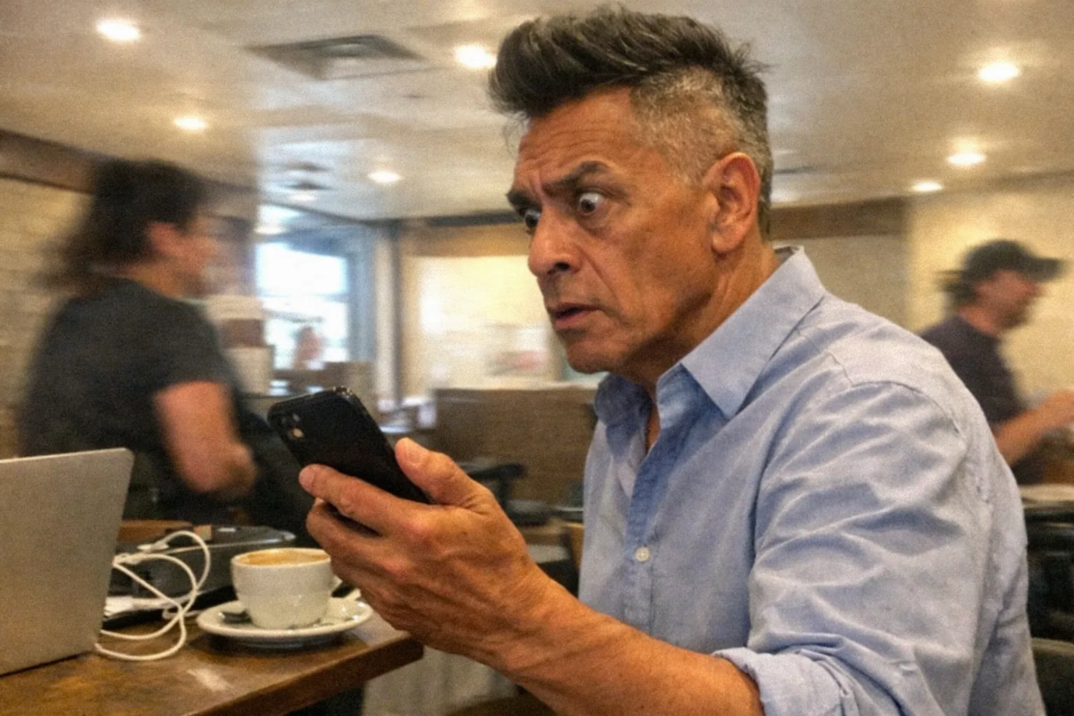 A candid iPhone snapshot in a slightly cramped coffee shop with uneven overhead lighting, mildly overexposed highlights and visible grain. Primary subject: a tall, lanky mixed-race man in his early 60s with medium skin tone, an undercut with textured top, wearing a business-casual button-down shirt with sleeves rolled up. He stands near a small table, upright posture and relaxed shoulders, but with wide eyes and a slightly open mouth (surprised) and a set jaw with an intent gaze (determined), holding a smartphone at an awkward angle as if he just noticed a suspicious app notification; the phone screen is out of focus and unreadable (no text/logos). Background shows a messy tabletop with a laptop, charger cables, and a half-finished coffee, plus blurred passersby. Composition is aggressively mediocre with slight motion blur, off-center framing, and a realistic everyday feel; no captions, no watermarks, no brand names.