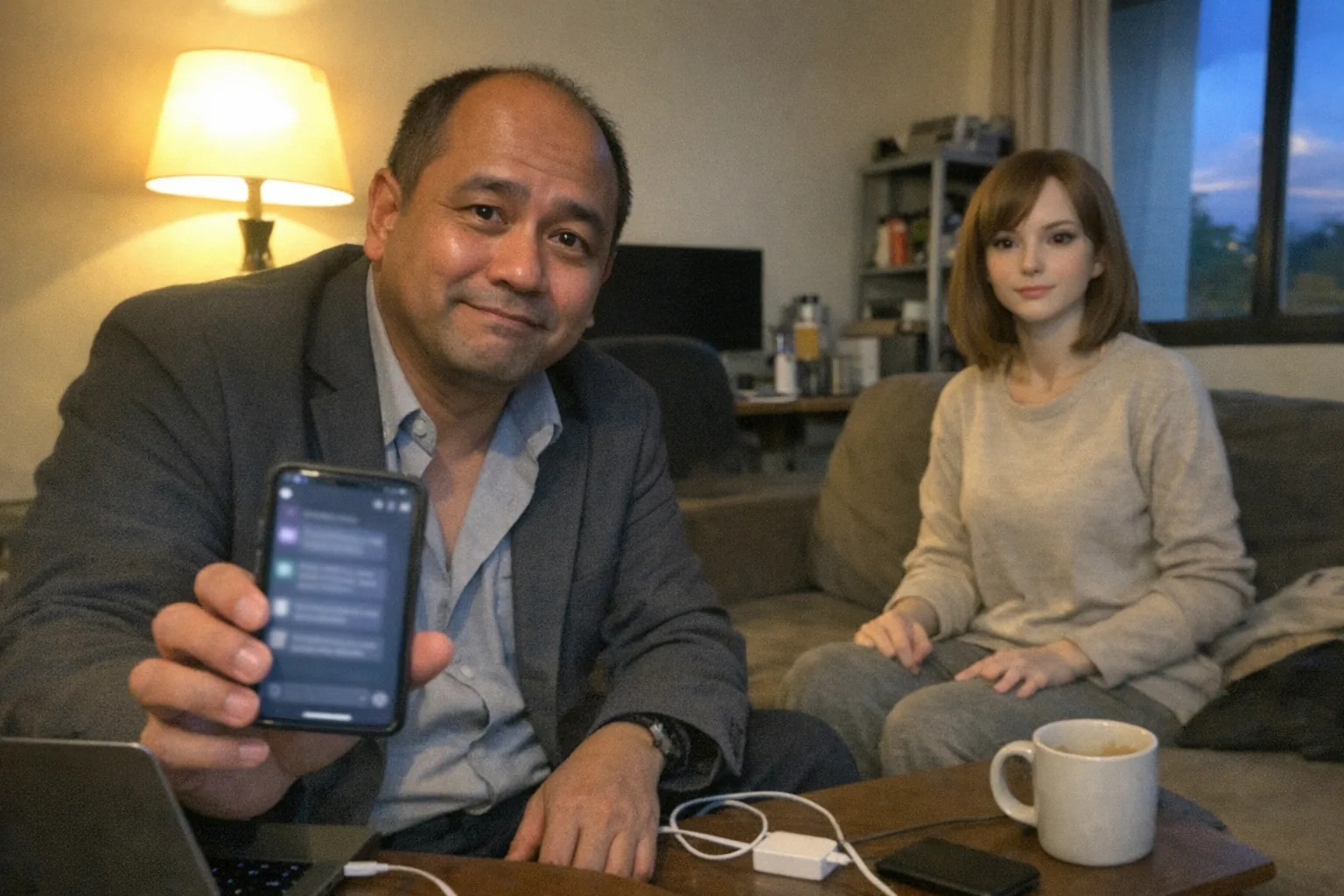 A candid iPhone snapshot in a slightly cluttered modern home office at dusk: a Southeast Asian man in his mid-40s with a warm medium skin tone, dad-bod build, thinning hairline kept short, wearing a blazer with an open-collar shirt, sitting at the edge of a couch with a calm soft expression but an awkward hesitant smile and uncertain posture. He’s holding a phone showing an AI companion chat interface (screen not readable), while a female-presenting humanoid companion robot sits nearby on the couch in casual neutral-colored clothing, looking slightly uncanny but plausible. Awkward framing, mildly overexposed lamp light mixed with window light, slight motion blur, natural noise/grain, aggressively mediocre composition, unremarkable everyday setting with a laptop, charging cables, and a coffee mug visible. No text, no logos, no brand names.