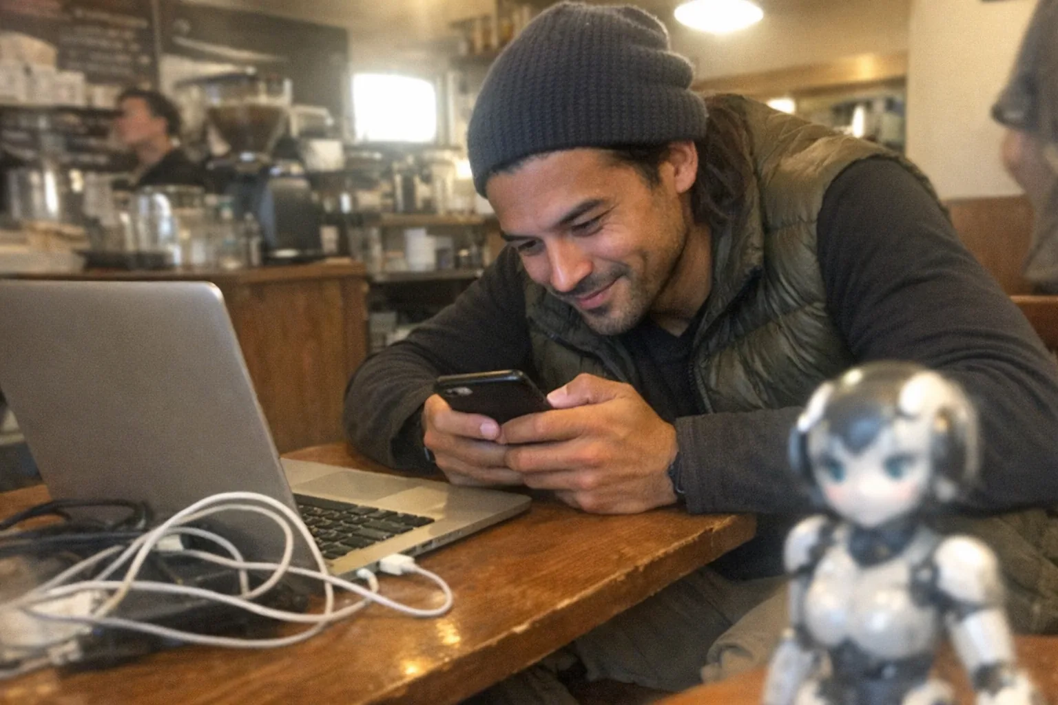 Realistic candid iPhone snapshot in a small coffee shop: a mixed-race man in his early 30s with a muscular build, medium skin tone, medium-length hair tucked under a beanie, wearing an outdoorsy puffer vest and hiking shoes, leaning in toward his phone with a curious, focused look and an amused small grin (eyes slightly crinkling). On the table: a laptop, messy cables, and a small female-coded humanoid robot figurine or compact companion device partially out of frame, slightly blurred. Awkward framing, aggressively mediocre composition, slight motion blur, mildly overexposed uneven indoor lighting, natural noise/grain, everyday clutter in the background, no text, no logos, no watermarks.
