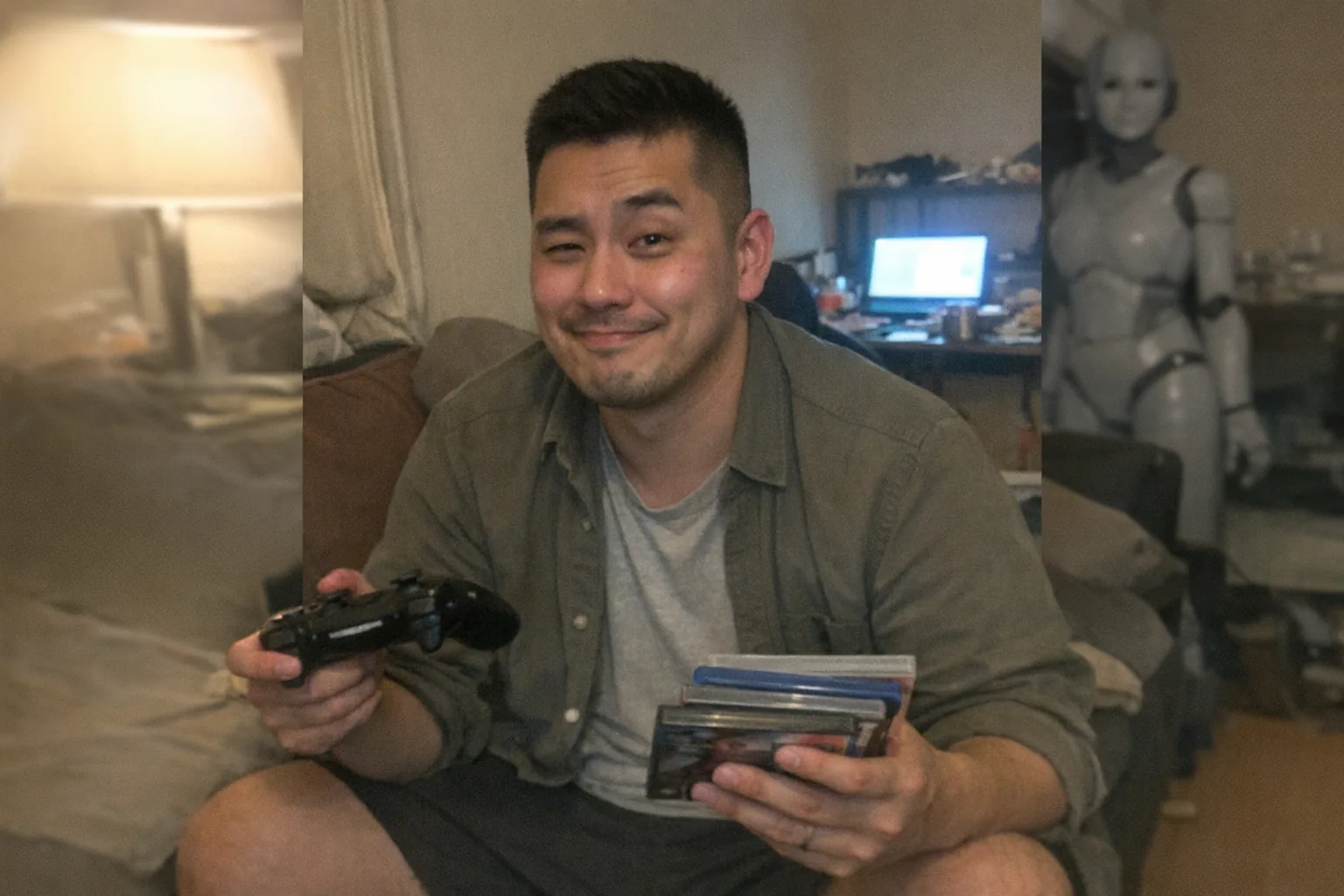 Realistic iPhone snapshot in a cramped apartment living room at night: a late-20s East Asian man with light skin and a dad-bod build sits slouched on a couch, close-cropped fade dark hair, wearing a simple tee with a lightweight overshirt. He looks amused but tired and skeptical (small grin with eyes crinkling, faint under-eye circles, one raised eyebrow, half-smirk) while holding a game controller in one hand and a small stack of video game cases in the other; the covers are turned away and slightly out of focus so no readable text. A female-looking humanoid robot companion (non-explicit, fully clothed, neutral design) is awkwardly visible in the background near a cluttered desk with a laptop screen glowing but blurred. Awkward framing, slight motion blur, mildly overexposed lamp light, uneven lighting, visible noise/grain, aggressively mediocre composition, candid phone photo vibe, no logos, no watermarks, no on-screen text.