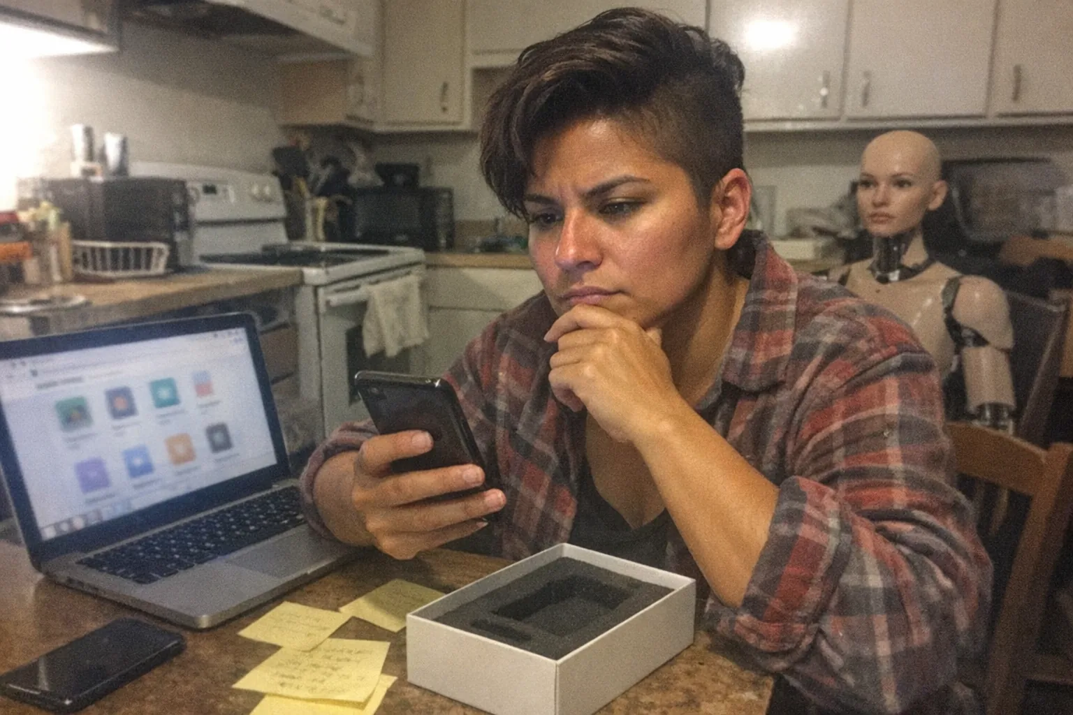 A candid iPhone snapshot in a small, cluttered kitchen workspace at night: an early-30s Latina adult with tan skin and a muscular (not bodybuilder) build, undercut with textured top hair, wearing a slightly worn flannel shirt, sits at a table holding a phone and staring at it with a determined set jaw and an intent yet thoughtful gaze (one hand on chin). On the table: an open laptop showing a generic app marketplace page (no readable text), a second phone face-down, scattered sticky notes, and a plain unbranded gadget box with foam insert (suggesting consumer tech). In the background, partially visible on a chair, a female-styled humanoid robot mannequin head/torso prop (non-explicit, just uncanny), like a hobby project. Awkward framing, slight motion blur, mildly overexposed overhead light, uneven lighting, natural noise/grain, aggressively mediocre composition, no logos, no brand names, no text, no watermarks.