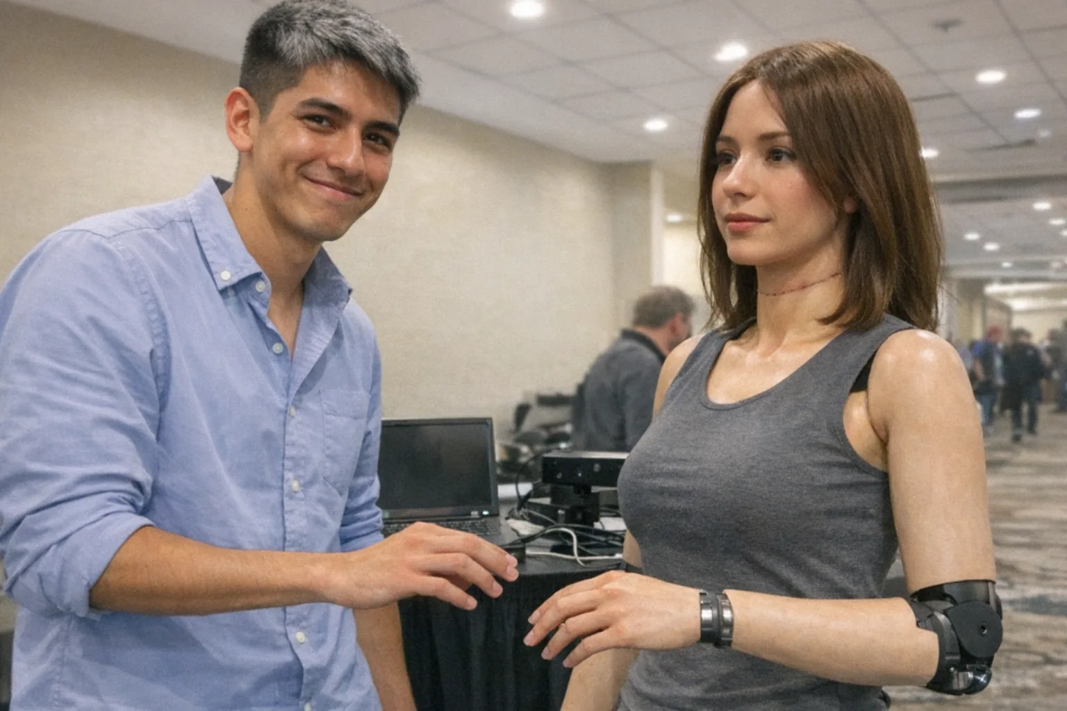 A candid iPhone snapshot in a conference hallway outside a robotics expo, awkward framing and aggressively mediocre composition. Primary subject: a tall, lanky Latino man in his early 20s with tan skin, short tidy gray hair, wearing a business-casual button-down shirt with rolled sleeves; he looks amused (small grin, eyes crinkling) but also calm and slightly awkward (hesitant smile, uncertain posture) while standing next to and cautiously reaching toward a female humanoid robot demo unit. The female robot looks realistic but clearly imperfect (slightly mismatched synthetic skin tone at the neck seam, visible joint lines at wrists). Background shows a cluttered demo table with cables, a laptop, and a generic sensor module (no logos, no text). Slight motion blur, mildly overexposed overhead lighting, natural phone noise/grain, modern realistic look, non-explicit.