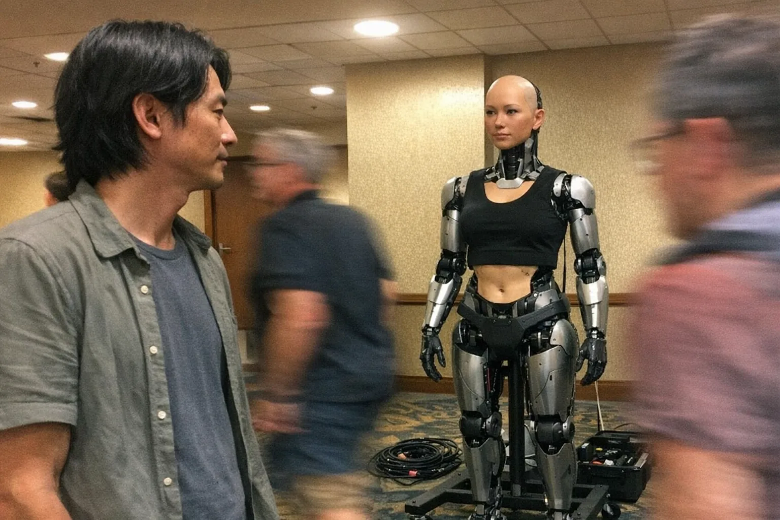 A candid iPhone snapshot in a conference hallway: a male in his early 40s (East Asian, light skin tone, lean runner build) with shoulder-length straight hair tucked behind his ears, wearing a simple tee with a lightweight overshirt, standing confidently and calmly while looking at a life-size female humanoid robot demo on a rolling stand. The robot looks clearly mechanical up close (visible seams at joints, slightly mismatched synthetic skin tone on the face), and a small tangle of cables and a toolkit sit on the floor nearby. Awkward framing with part of the man’s shoulder cropped, slight motion blur from people walking past, mildly overexposed overhead lighting, uneven color balance, natural phone noise/grain, aggressively mediocre composition. Modern, plausible, non-explicit, no text, no logos, no brand names, no watermarks.