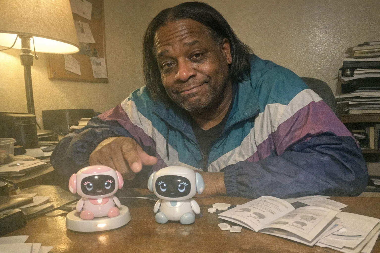 Realistic iPhone snapshot in a small home office: a late-50s Black man with dark brown skin tone and a dad-bod build sits slouched at a cluttered desk, looking tired with faint under-eye circles and an awkward, hesitant smile. He has shoulder-length straight hair tucked behind his ears and wears a retro vintage windbreaker. In front of him are two small desktop companion robots portrayed as female (subtle feminine styling like soft pastel accents and gentle eyelash-like shapes on their digital eyes), positioned side-by-side as if being compared; one is on a tiny charging base while the other is near a scattered instruction booklet. Awkward framing, slightly motion-blurred hand as he points at one robot, mildly overexposed lamp lighting with uneven shadows, visible natural phone noise/grain, aggressively mediocre composition. No text, no logos, no brand names.