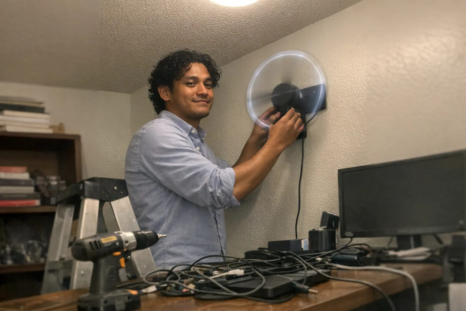 A candid iPhone snapshot in a small home office showing a late-20s Pacific Islander man (warm brown skin tone, lean runner build) with medium-length curly hair wearing a business-casual button-down shirt with rolled sleeves, standing on a step ladder while installing an LED hologram fan on a wall bracket; his hands look slightly fidgety and nervous but his face has a calm soft expression and steady posture, tight polite smile. The LED hologram fan is powered on for testing, creating a faint circular blur of light from the spinning blades. Awkward framing with the ladder partially cut off, slight motion blur, mildly overexposed overhead lighting, visible noise/grain, cluttered desk with cables and a drill in the foreground, aggressively mediocre composition. No text, no logos, no brand names.
