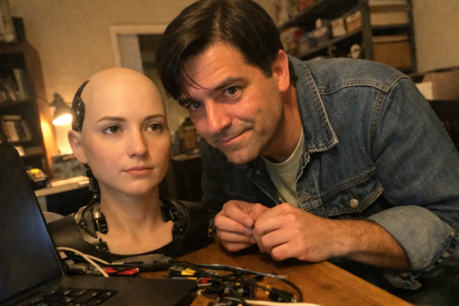 A candid iPhone snapshot in a cluttered home office at night, awkward framing and slightly tilted angle, mild motion blur and uneven warm lamp lighting with visible phone noise/grain. A male in his late 30s (White, olive skin tone, dad-bod build) with straight hair side-parted and neat, wearing workwear (denim jacket over a plain tee). He’s leaning in close with focused, curious eyes, a tight nervous smile, and fidgety hands while still looking determined (set jaw). He is inspecting a female-presenting humanoid robot head-and-shoulders unit on a desk next to scattered wires and a laptop; the robot’s face is neutral but lifelike, not glamorous. No logos, no text, no watermarks, aggressively mediocre composition, realistic and unremarkable everyday tech-tinkering moment.