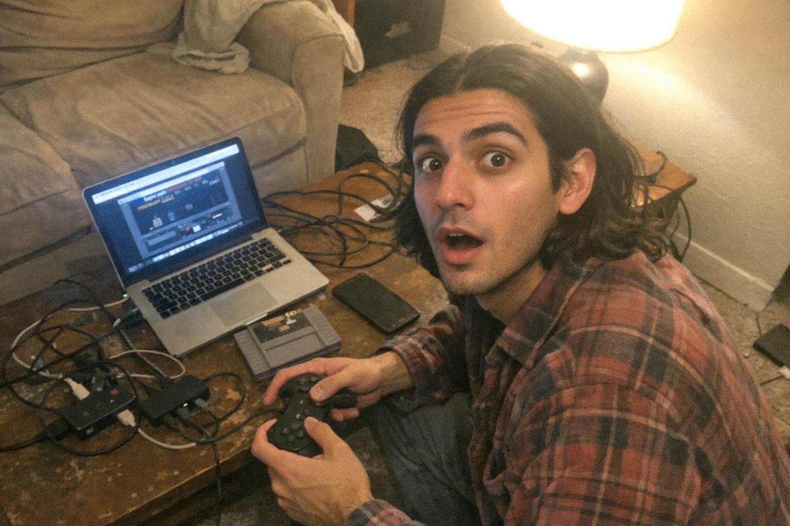 A candid iPhone snapshot in a small cluttered apartment living room: a young adult Middle Eastern man (early 20s, olive skin, lean runner build) with shoulder-length straight hair tucked behind his ears, wearing a slightly worn flannel shirt, sitting slouched-but-confident at a coffee table with a laptop open to an emulator window (no readable text), holding a generic game controller and looking surprised with wide eyes and slightly open mouth. The scene includes messy cables, a cheap USB hub, and an old cartridge-style game and a smartphone nearby, suggesting tech tinkering. Awkward framing from slightly above, slight motion blur, mildly overexposed lamp lighting with uneven shadows, visible natural grain/noise, aggressively mediocre composition. No logos, no brand names, no text, no watermarks.