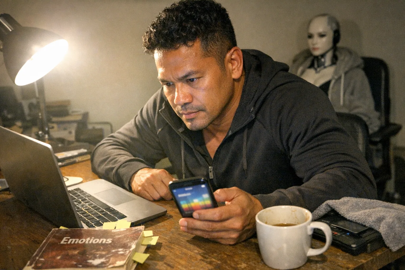 A candid iPhone snapshot in a small home office at night, aggressively mediocre composition with awkward framing and slight motion blur, mildly overexposed desk lamp creating uneven lighting and visible grain. Primary human: a Southeast Asian man in his late 30s with a warm medium skin tone, muscular (not bodybuilder) build, short tight-curly hair, wearing athleisure (zip-up jacket and joggers). He looks curious and calm but determined—leaning in with focused eyes and a set jaw—while looking at a laptop and a phone showing an unreadable, blurred mood-tracking style app interface (no legible text). On the desk is a worn paperback about emotions (title not readable) with sticky notes, a half-empty coffee mug, and a discreet, non-explicit tech device partially covered by a towel. In the background, slightly out of focus, a female humanoid robot mannequin sits on a chair with a hoodie draped over it, adding an intriguing but plausible tech-and-relationships vibe. No logos, no brand names, no watermarks, no captions.