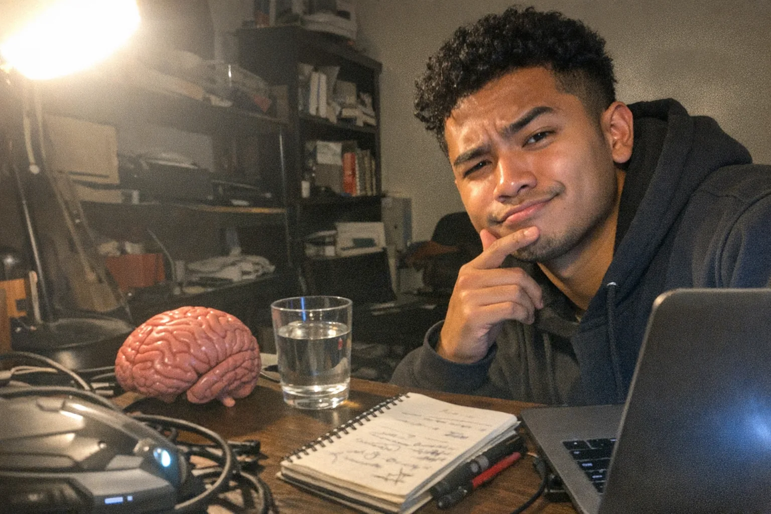 A realistic iPhone snapshot in a small cluttered home office at night: a Southeast Asian male in his early 20s (warm medium skin tone, average build) with short tight-curly hair, wearing streetwear (hoodie and sneakers), sitting at a desk with a skeptical raised eyebrow and a thoughtful hand-on-chin pose, half-smirk like he’s amused while looking at a cheap plastic brain model next to a clear glass of water and a messy notebook. On the desk is a generic unbranded futuristic-looking gadget partially out of frame (non-explicit), cables, and a laptop with the screen glow lighting his face. Awkward framing, slightly motion-blurred, mildly overexposed from a desk lamp, uneven lighting, natural phone noise/grain, aggressively mediocre composition, candid feel. No text, no captions, no watermarks, no logos, no brand names.