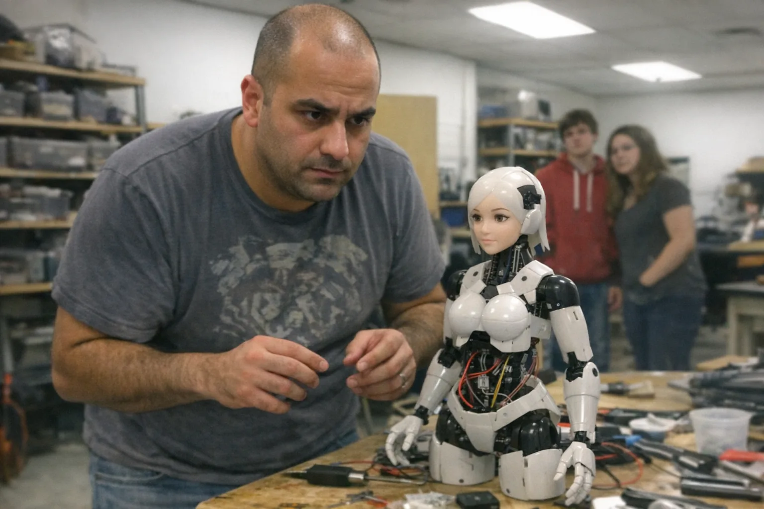A candid iPhone snapshot in a community makerspace during an open robotics night: primary subject is a man in his mid-30s with Middle Eastern features and olive skin, dad-bod build, shaved head, wearing a casual graphic tee and jeans. He has a determined set jaw and intent gaze but also looks nervous, with fidgety hands hovering near a half-assembled small humanoid robot on a cluttered table. The robot is clearly female-presenting (subtle feminine face styling), non-explicit and non-sexual, with a few loose wires and a cheap plastic shell. In the background, slightly out of focus, a couple of teenagers (not matching the primary subject’s traits) watch from a distance near shelves of parts and tools. Awkward framing, slight motion blur, mildly overexposed uneven fluorescent lighting, natural phone noise/grain, aggressively mediocre composition, modern and realistic, no text, no captions, no watermarks, no logos, no brand names.