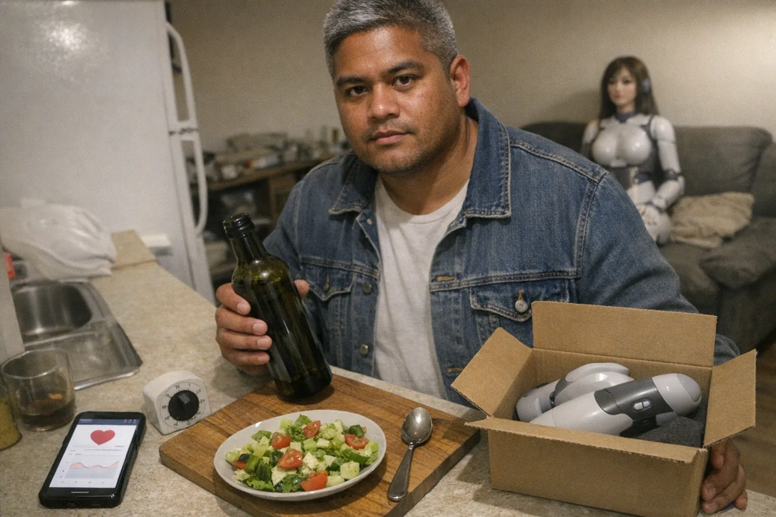 A realistic iPhone snapshot in a small, slightly messy apartment kitchen at night, awkward framing and aggressively mediocre composition, slight motion blur and uneven overhead lighting with mild overexposure and visible phone noise/grain. Primary subject: a late-20s Pacific Islander man with warm brown skin and a stocky build, short tidy gray hair, wearing workwear (denim jacket over a plain tee). His posture shows confident but tired determination (upright stance but slightly slouched shoulders, faint under-eye circles, set jaw, intent gaze) as he holds a dark glass bottle of extra-virgin olive oil near a cutting board with a simple salad and a metal tablespoon. On the counter: a smartphone showing a generic heart-health app screen (no readable text), a cheap analog kitchen timer, and a plain unbranded cardboard shipping box partially open revealing a non-explicit, futuristic silicone-and-plastic “interactive device” with visible sensors (no logos, no brand names). In the background, slightly out of focus on a couch: a non-sexual female humanoid robot companion sitting upright like it’s waiting, adding a subtle tech vibe. No captions, no watermarks, no logos, modern candid feel.