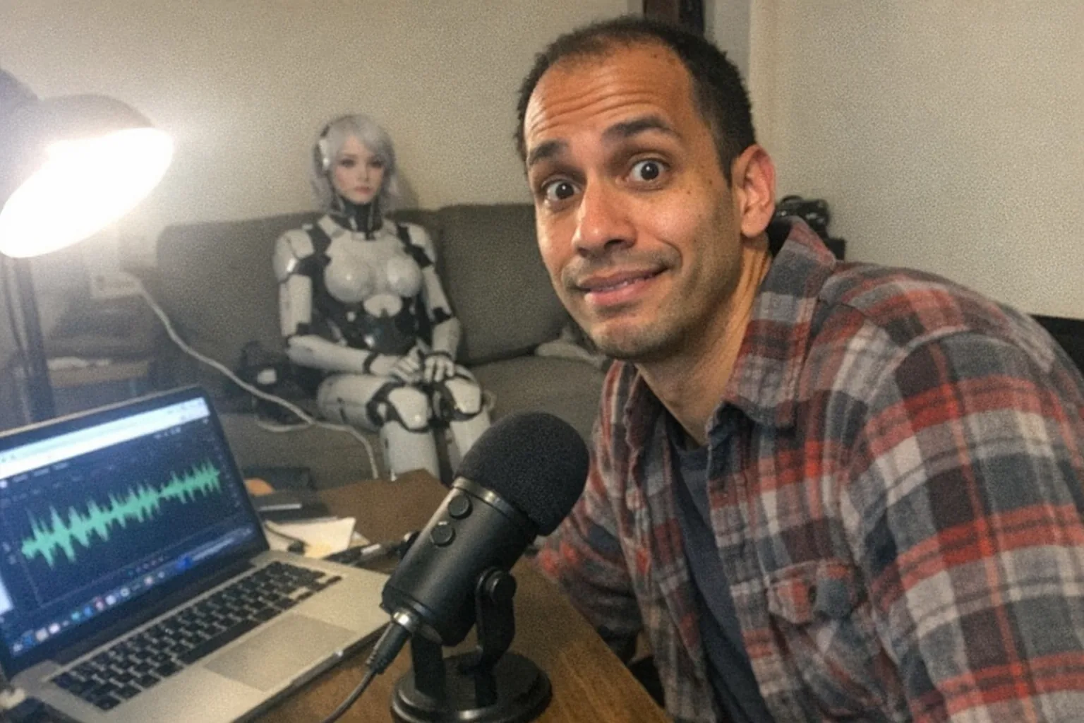 A casual iPhone snapshot in a small, slightly cluttered home office: a tall, lanky mixed-race man in his early 30s with medium skin tone, a thinning short haircut, and a slightly worn flannel shirt sits at a desk with a cheap USB microphone and an open laptop showing an audio waveform (no readable text). His posture is awkward and uncertain, with a hesitant smile; his eyes are wide and his mouth slightly open in mild surprise, but his overall expression is calm. In the background, slightly out of focus, a female humanoid robot companion sits on a couch near a charging cable, looking neutral. Awkward framing, slight motion blur from handheld phone, uneven indoor lighting a bit overexposed near a desk lamp, natural grain/noise, aggressively mediocre composition, realistic and unpolished, modern day, no logos, no watermarks, no captions.