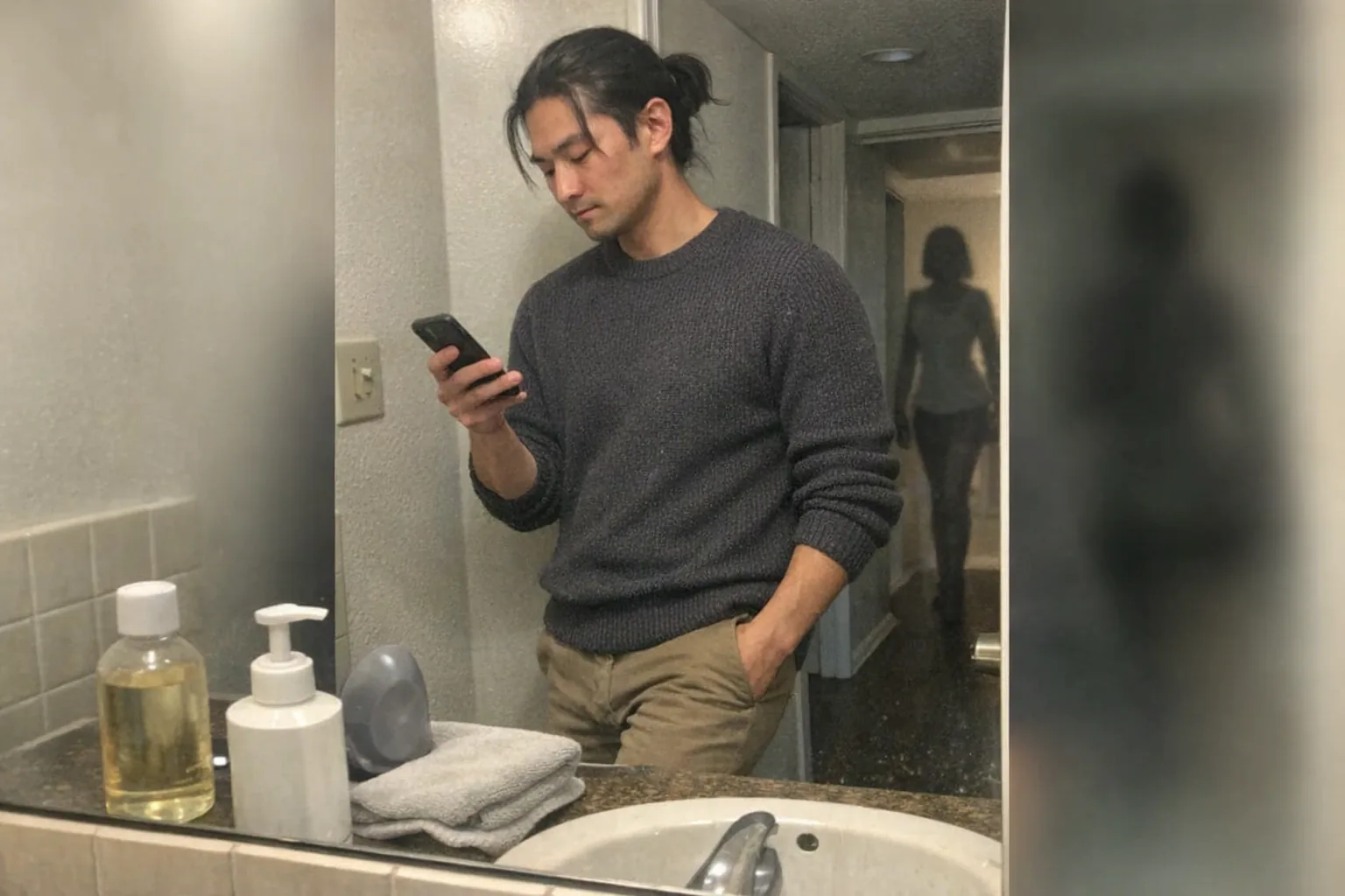 A realistic iPhone snapshot in a small apartment bathroom with uneven, slightly overexposed lighting and visible grain/noise; awkward framing with slight motion blur. A male in his early 30s (East Asian, light skin tone), athletic build with broad shoulders, hair in a low ponytail with a few loose strands, wearing smart-casual knit sweater and chinos, stands at the sink looking impatient and confident—upright posture, relaxed shoulders—tapping one foot while checking his phone. On the cluttered counter are a plain, unlabeled small bottle of clear oil, a plain pump bottle (no text), and a simple silicone-looking device partly visible beside a folded towel; nothing explicit, no brand names, no readable labels. A female humanoid robot silhouette (clothed, non-explicit) is faintly visible in the hallway behind him, out of focus. Casual candid phone-photo vibe, aggressively mediocre composition, no logos, no watermarks, no text.