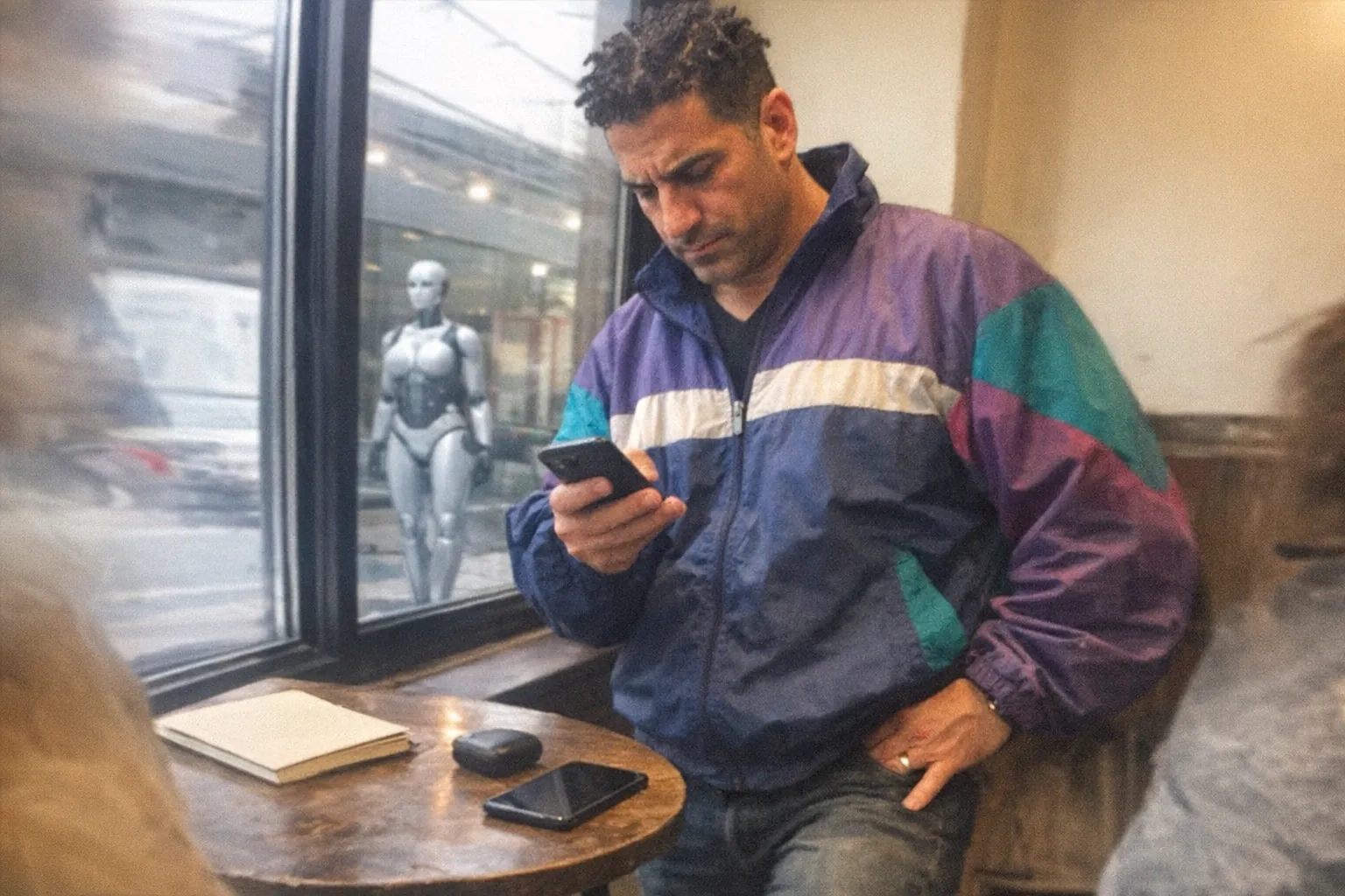 A candid iPhone snapshot in a slightly cramped coffee shop near a window on an overcast day, awkward framing and mildly overexposed highlights with natural phone noise and slight motion blur. Primary subject: a confident but impatient man in his early 40s (White with olive skin tone), muscular build (not bodybuilder), coily hair in twists, wearing a retro vintage windbreaker; he’s standing by a small table tapping his foot and checking his phone with a tense expression, shoulders relaxed but clearly in a hurry. On the table are everyday items: a plain notebook, a generic unbranded small tech device, and a second phone face-down. In the background, slightly out of focus, there’s a female-presenting humanoid robot figure displayed in a modern tech storefront across the street (non-explicit, fully clothed, mannequin-like), adding intrigue. Uneven indoor lighting, aggressively mediocre composition, no text, no captions, no logos, no watermarks.