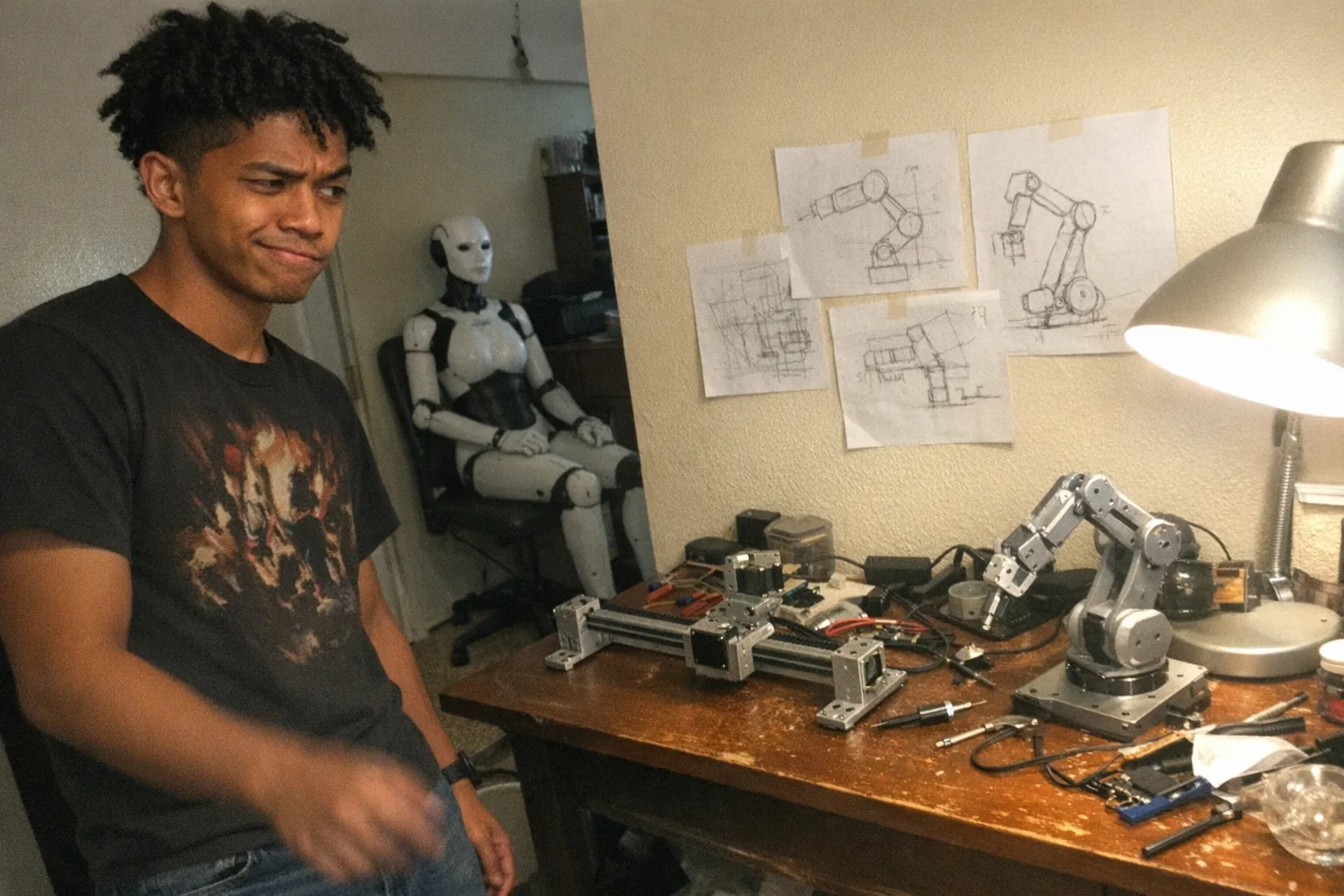 A candid iPhone snapshot in a small apartment home office: a male in his early 20s, Southeast Asian with warm medium skin tone, lean runner build, coily hair in twists, wearing a graphic tee and jeans, standing with a skeptical raised eyebrow and half-smirk but calm posture, looking at a cluttered desk with simple robot mechanism models (a small gantry rail, a jointed arm prototype) and sketchy diagrams taped to the wall. In the background, a female humanoid robot figure (non-explicit, fully clothed, clearly robotic) sits on a chair like a test mannequin. Awkward framing, slightly motion-blurred hand, mildly overexposed desk lamp lighting, natural phone noise/grain, aggressively mediocre composition, no text, no logos, modern realistic scene.