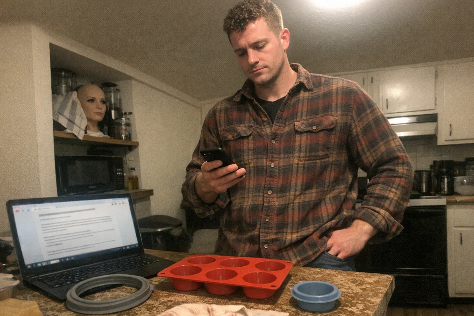 A realistic iPhone snapshot in a cramped apartment kitchen at night: a white male in his late 20s with fair skin and a muscular (not bodybuilder) build, short tight curly hair, wearing a slightly worn flannel work shirt. He looks confident but impatient and tired (upright posture but faint under-eye circles, foot tapping, checking his phone), standing at a messy table with scattered unbranded silicone items (a plain silicone baking mold and a silicone gasket) and a laptop open to a generic legal-looking webpage (screen slightly out of focus, no readable text). In the background on a shelf, a female humanoid robot head sits partially covered by a dish towel, non-explicit and slightly uncanny. Awkward framing, slight motion blur, mildly overexposed overhead light with uneven shadows, visible phone-camera noise/grain, aggressively mediocre composition, no logos, no watermarks, no captions, modern everyday environment.