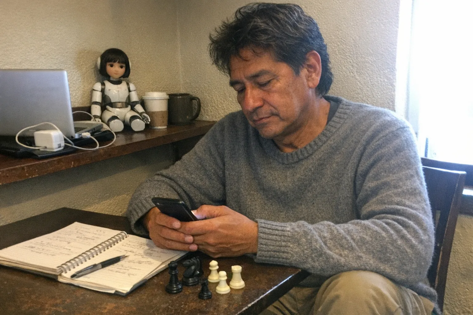A casual iPhone snapshot in a small cafe corner with awkward framing and aggressively mediocre composition, slight motion blur and mild overexposure from a nearby window, visible phone-camera noise/grain. Primary subject: a tall, lanky Indigenous man in his early 50s with warm tan skin tone, short wavy slightly messy hair, wearing a smart-casual knit sweater and chinos; calm soft expression but tired slouched posture with faint under-eye circles. He’s seated at a small table with a messy notebook and a few scattered chess pieces, looking at his phone as if reading messages (screen not readable, no text visible). In the background, slightly out of focus, a small female humanoid robot companion sits on a shelf near a laptop charger and coffee cups—non-explicit, everyday tech vibe. Uneven indoor lighting, candid unremarkable feel, modern realistic photo, no logos, no watermarks, no captions.