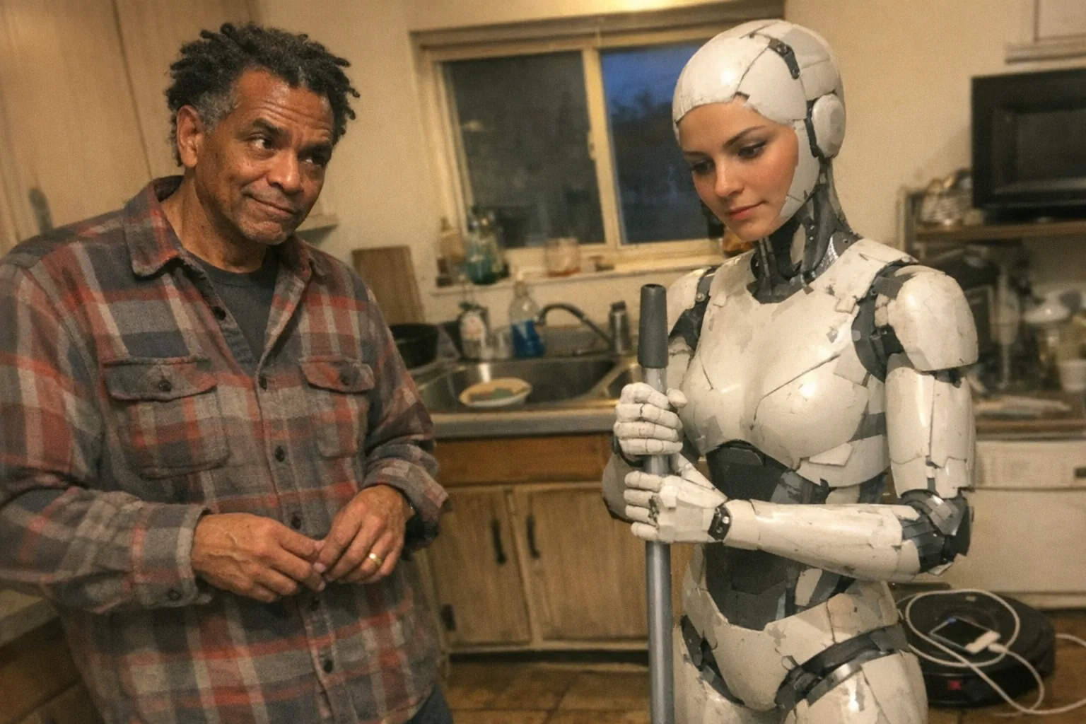 A candid iPhone snapshot in a slightly messy apartment kitchen at dusk, awkward framing and aggressively mediocre composition, mild motion blur and uneven warm overhead lighting with a bit of natural noise/grain. A male in his late 50s (mixed-race, medium skin tone), tall and lanky build, coily hair in twists, wearing a slightly worn flannel shirt, stands near the counter with fidgety hands and a tight smile, one eyebrow raised in a skeptical half-smirk but with a determined set jaw and intent gaze. In front of him is a female humanoid robot prototype (clearly imperfect, a few scuffs, exposed seams, slightly mismatched plastic panels) holding a mop handle awkwardly while a small robot vacuum sits nearby tangled with a phone charging cable. The scene feels real and unpolished, like a quick test moment during a home demo; no text, no logos, no brand names, no watermarks.
