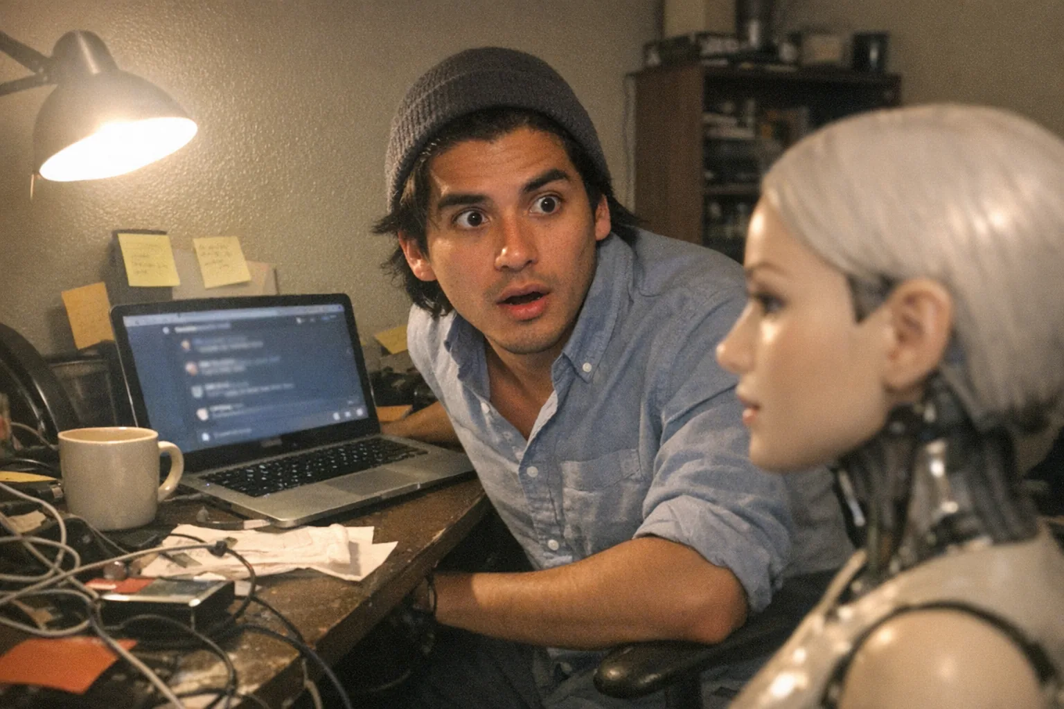 Realistic candid iPhone snapshot in a small apartment home office at night, aggressively mediocre composition with awkward framing and slight motion blur, mildly overexposed desk lamp lighting and visible phone noise/grain. Primary subject: a mid-20s Latino man with tan skin, lean runner build, medium-length hair under a beanie, wearing a business-casual button-down shirt with rolled sleeves; he looks surprised (wide eyes, slightly open mouth) and curious (leaning in, focused eyes). He’s seated at a cluttered desk with sticky notes and an open laptop showing an indistinct chat interface (no readable text). On the desk nearby is a non-explicit, female-styled humanoid robot head-and-shoulders bust or AI companion device facing him, slightly out of focus. The scene feels unremarkable and lived-in: cables, coffee mug, messy papers, cheap office chair, dim room background. No logos, no brand names, no captions, no watermarks.