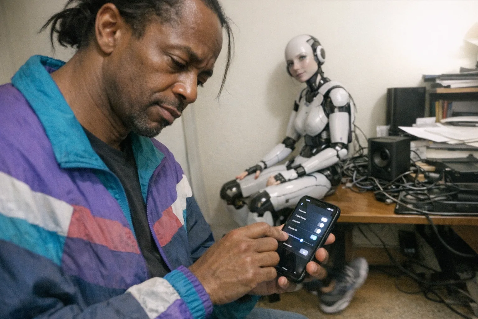 Realistic iPhone snapshot, aggressively mediocre composition: a mid-40s Black man with dark brown skin, lean runner build, low ponytail with a few loose strands, wearing a retro vintage windbreaker, looking impatient and tired (foot tapping, slouched posture, faint under-eye circles) while checking his phone and adjusting a voice settings screen. In the background, a female humanoid robot sits at the edge of a cluttered home office desk with tangled cables and a small speaker, head slightly tilted as if listening. Awkward framing with the man partly cut off at the shoulder, slight motion blur from the tapping foot, uneven mildly overexposed indoor lighting, natural phone noise/grain, candid casual photo feel, no text, no logos, modern plausible scene, non-explicit.