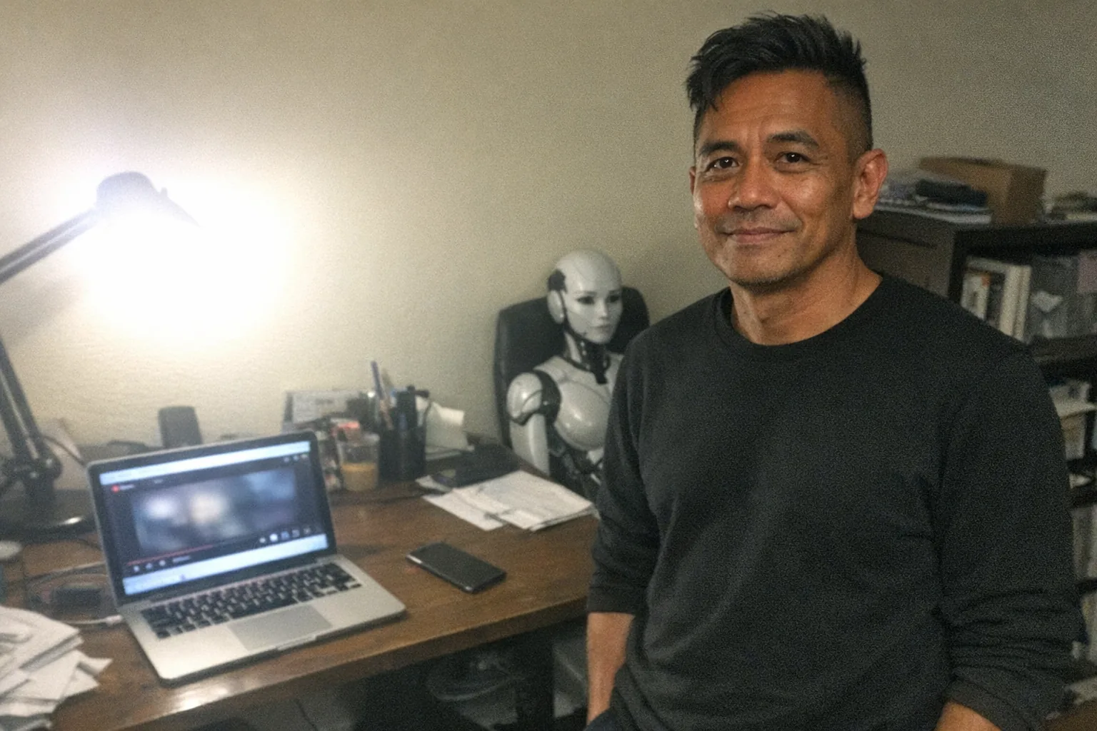Realistic candid iPhone snapshot in a small, slightly messy home office at night, aggressively mediocre composition with awkward framing and slight motion blur, mildly overexposed desk lamp creating uneven lighting and natural phone noise/grain. Primary subject: a male in his late 40s, Pacific Islander with warm brown skin tone, lean runner build, undercut with textured top, wearing a minimalist monochrome outfit (black crewneck and dark pants). He looks confident but tired and awkward at once—upright stance with subtly slouched shoulders, faint under-eye circles, hesitant smile—standing beside a desk. On the desk: an open laptop showing a generic blurred video player interface (no readable text), a phone face-down, and a non-explicit futuristic female humanoid robot head-and-shoulders mannequin resting on a chair in the background (clearly robotic, not sexualized). Scene feels modern and plausible, unremarkable apartment setting, no logos, no brand names, no watermarks, no captions.